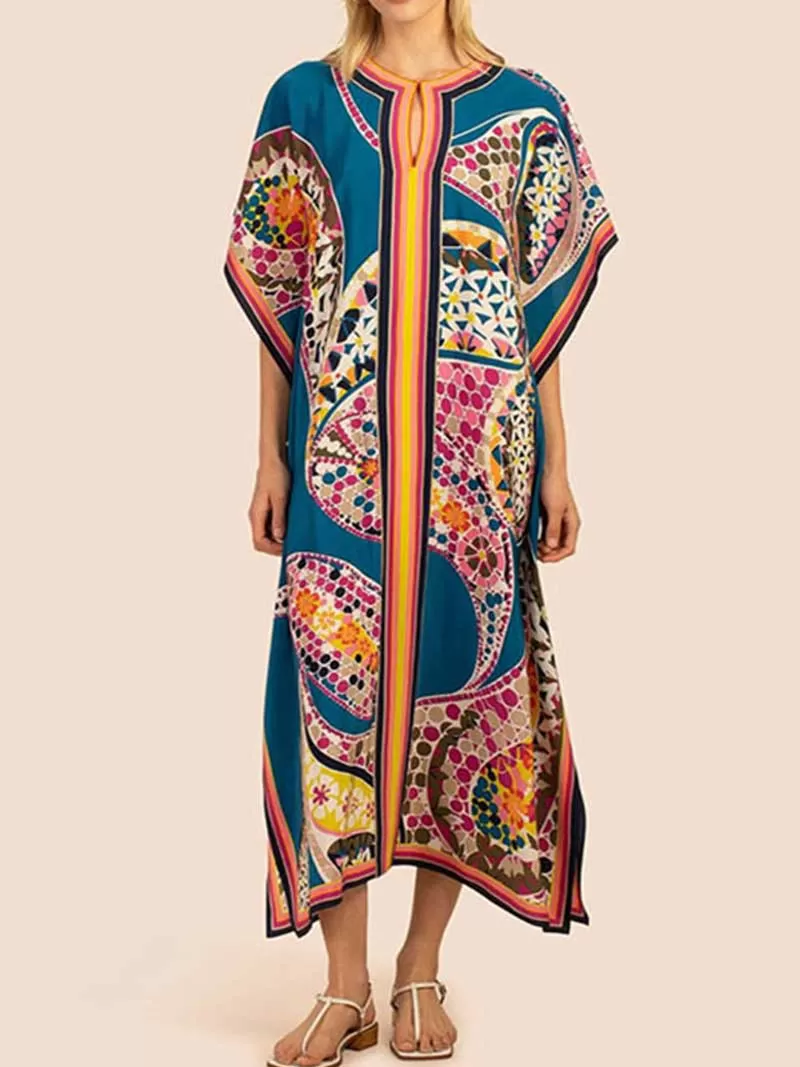 Floral Print V-Neck Short Sleeves Kaftan Dress