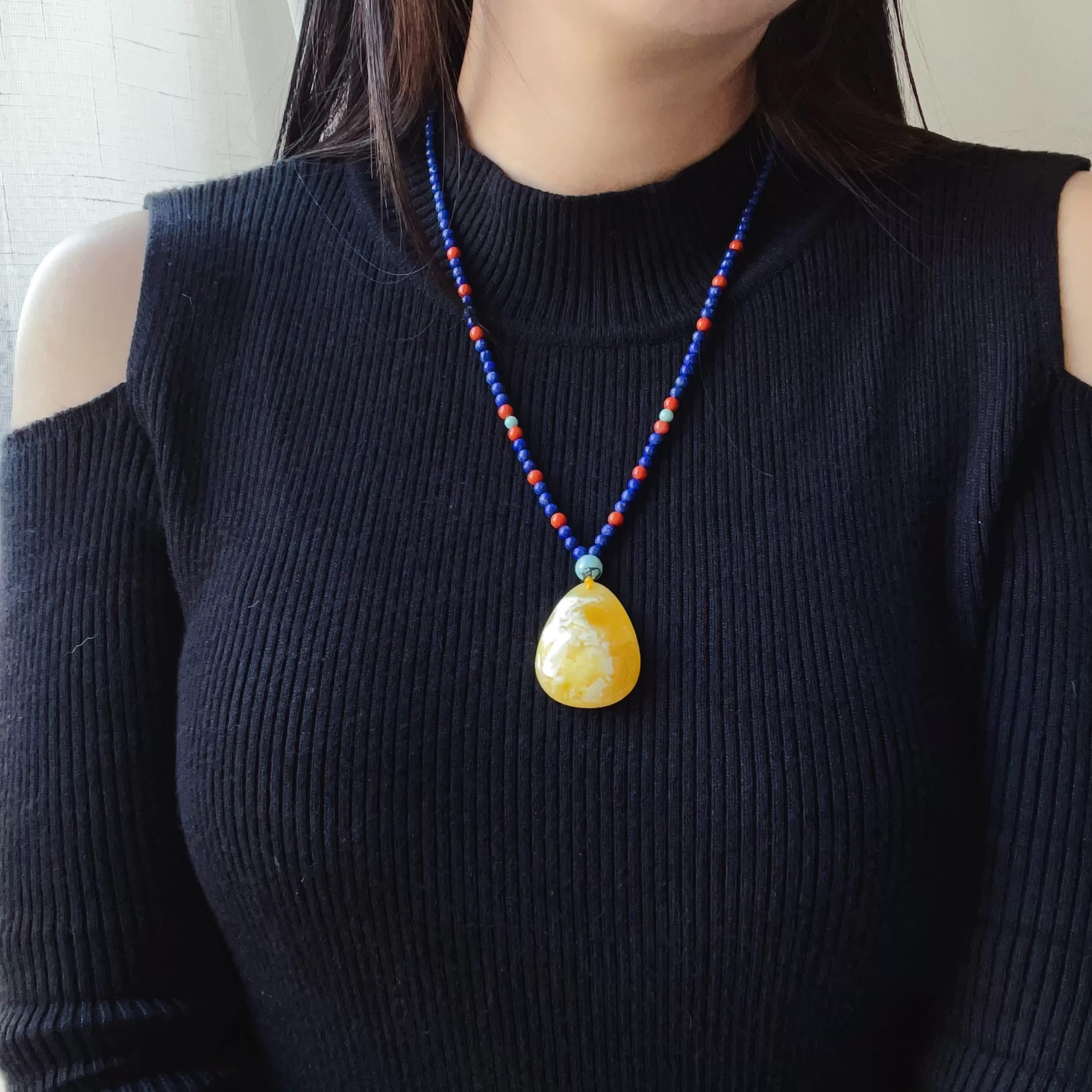 Genuine High-grade Amber Pendant Necklace Beaded with Agate Turquoise Lapis Lauzli | One of A Kind Handmade Jewelry Adjustable Style