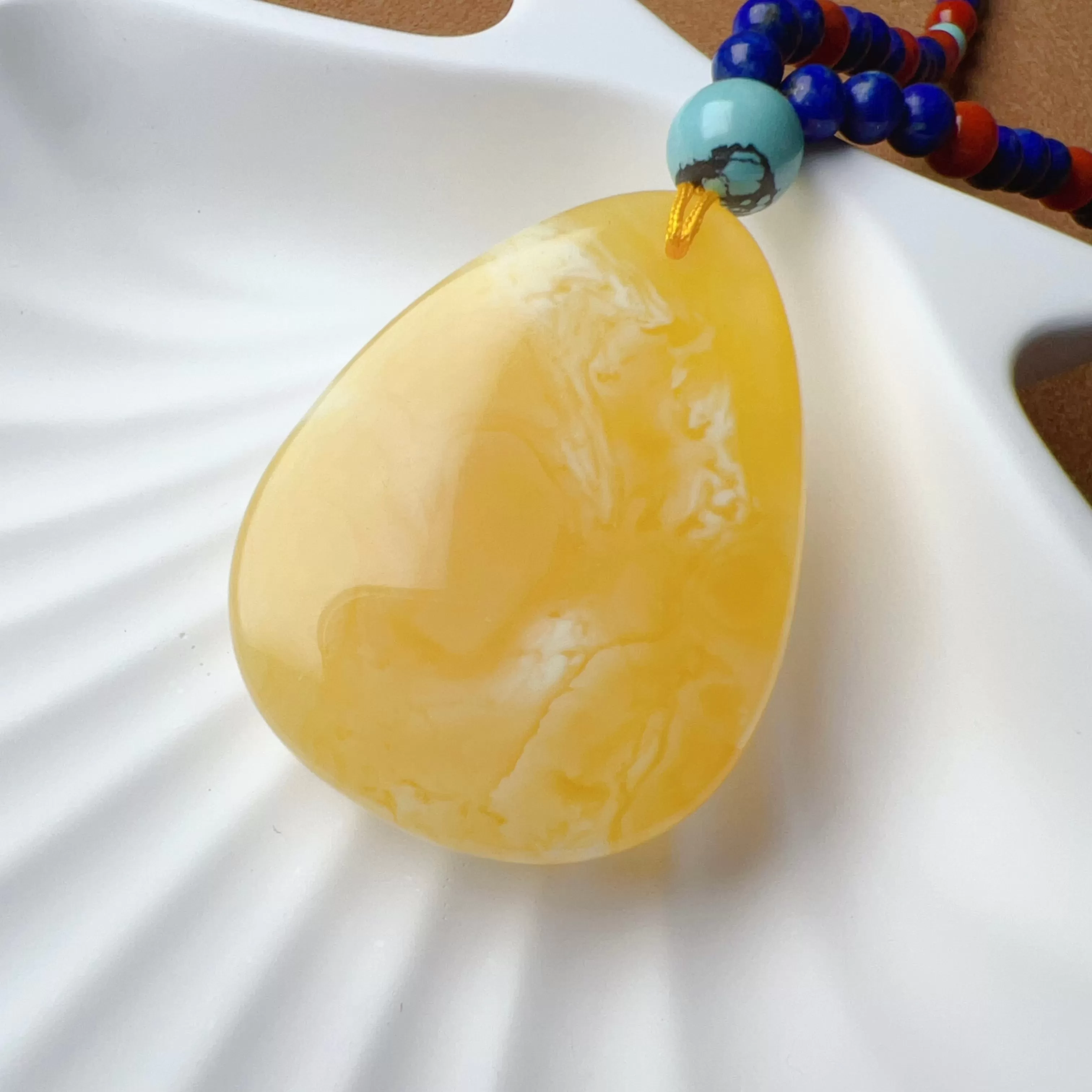 Genuine High-grade Amber Pendant Necklace Beaded with Agate Turquoise Lapis Lauzli | One of A Kind Handmade Jewelry Adjustable Style