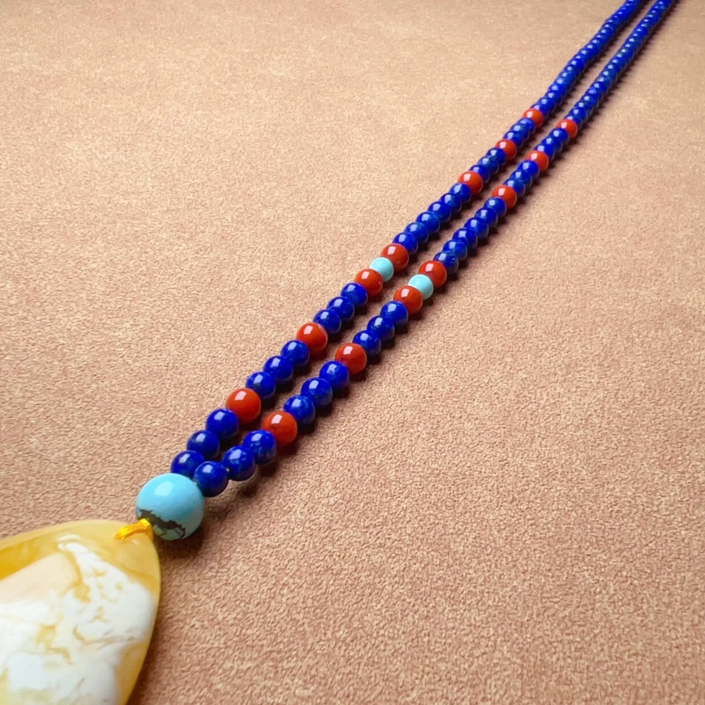 Genuine High-grade Amber Pendant Necklace Beaded with Agate Turquoise Lapis Lauzli | One of A Kind Handmade Jewelry Adjustable Style