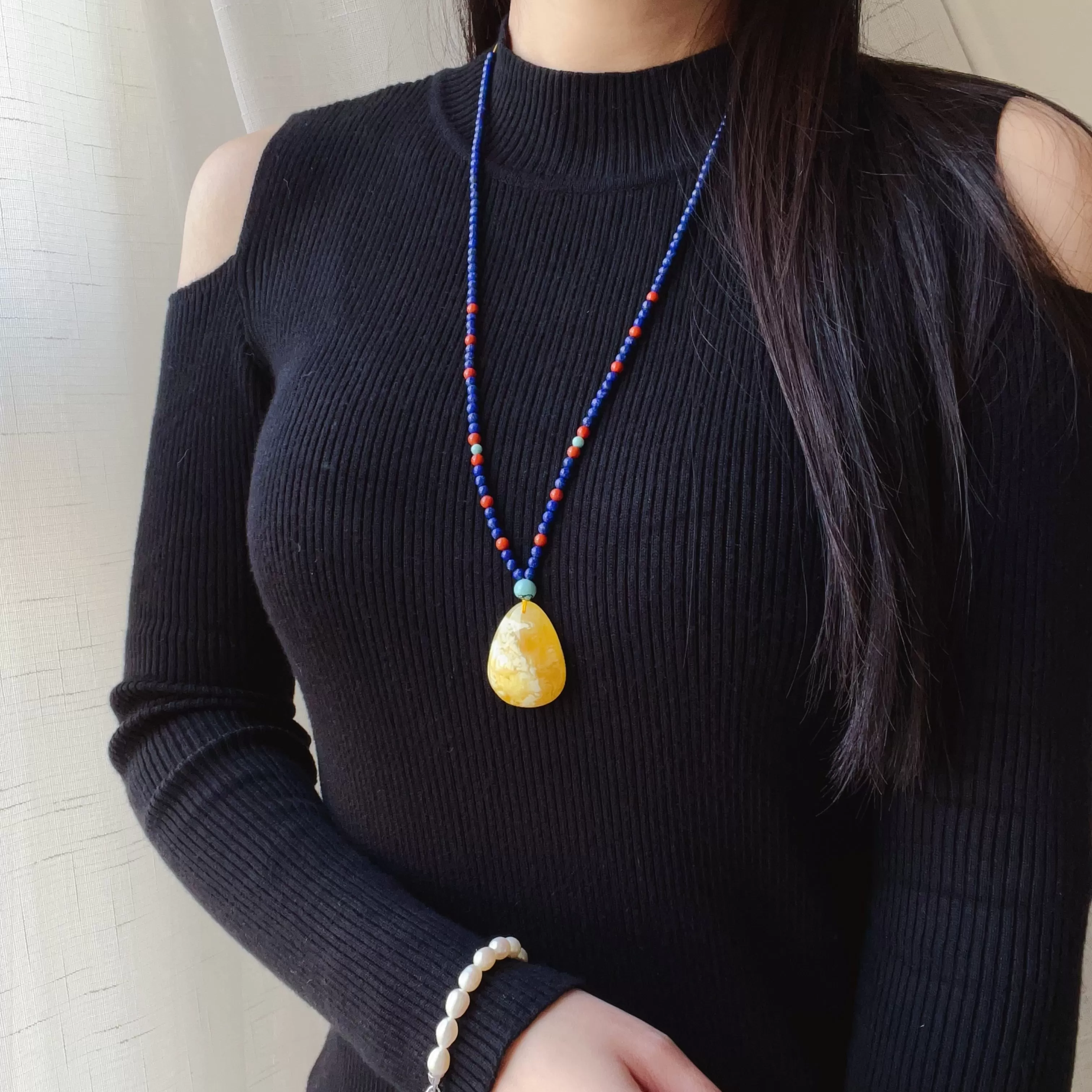 Genuine High-grade Amber Pendant Necklace Beaded with Agate Turquoise Lapis Lauzli | One of A Kind Handmade Jewelry Adjustable Style