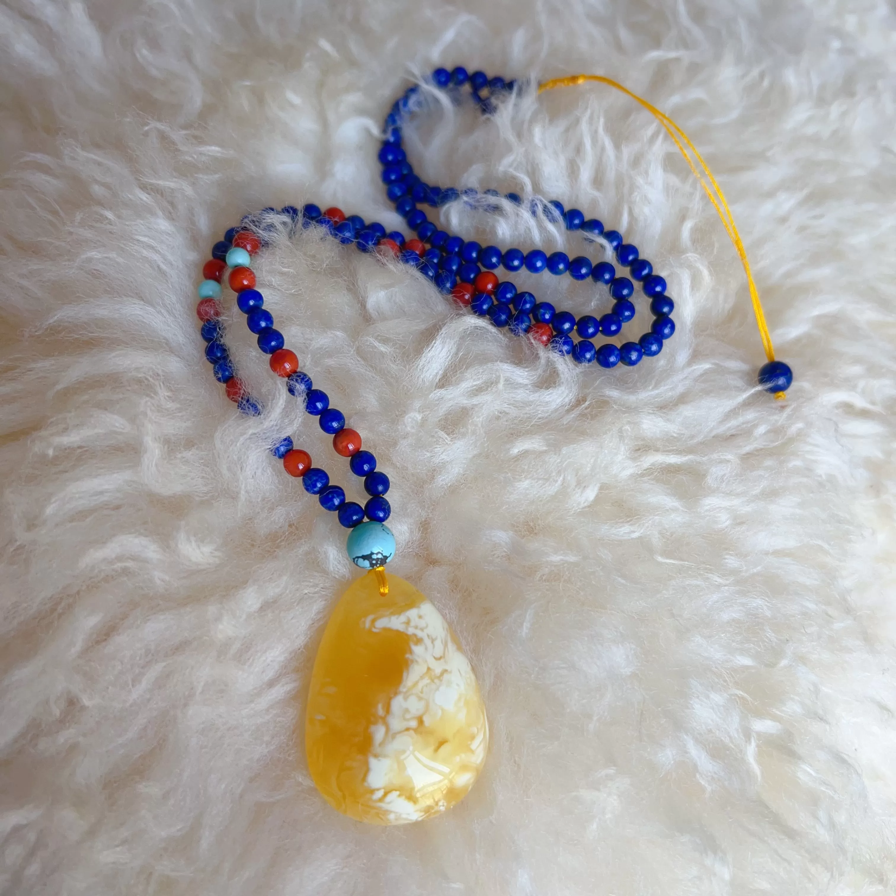 Genuine High-grade Amber Pendant Necklace Beaded with Agate Turquoise Lapis Lauzli | One of A Kind Handmade Jewelry Adjustable Style