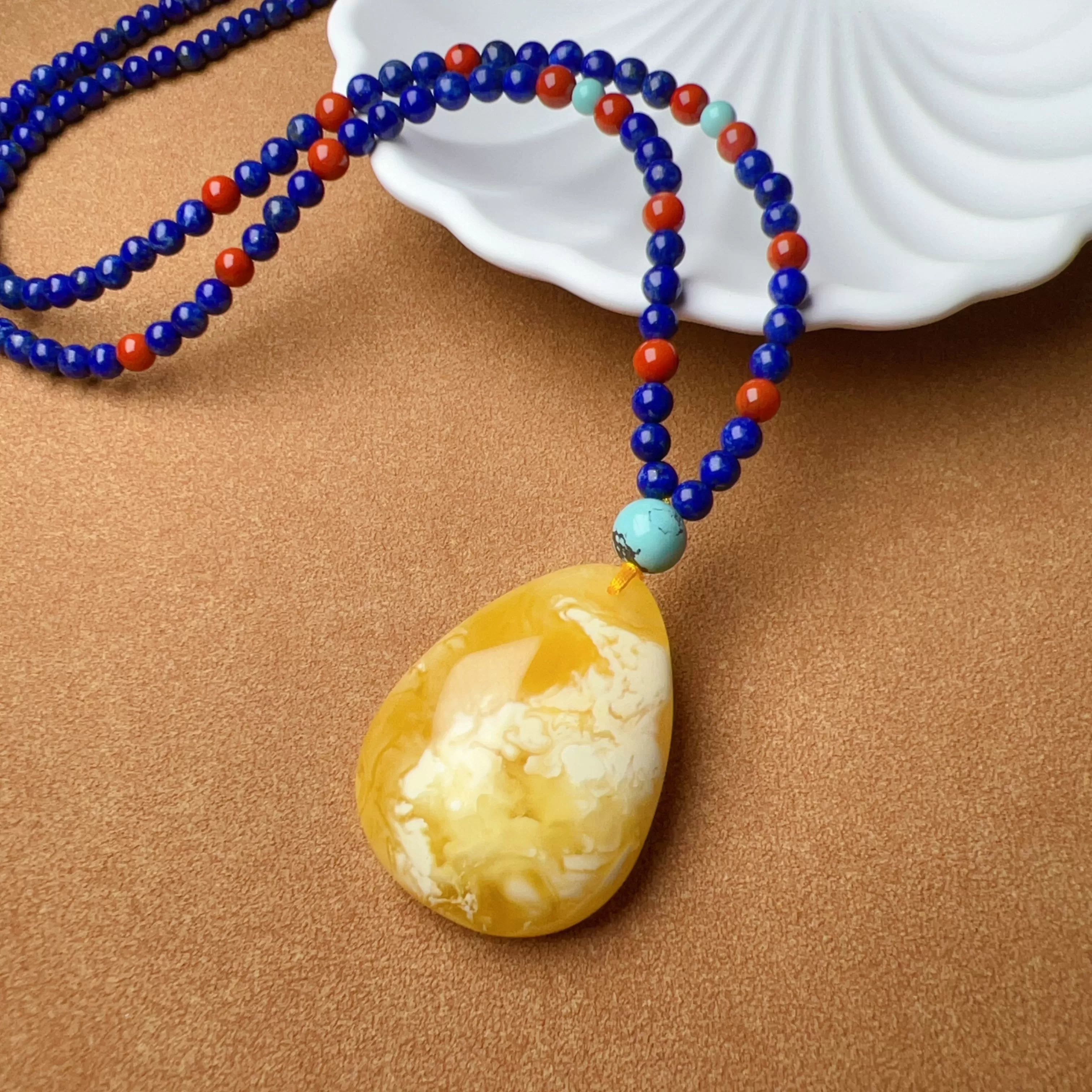 Genuine High-grade Amber Pendant Necklace Beaded with Agate Turquoise Lapis Lauzli | One of A Kind Handmade Jewelry Adjustable Style