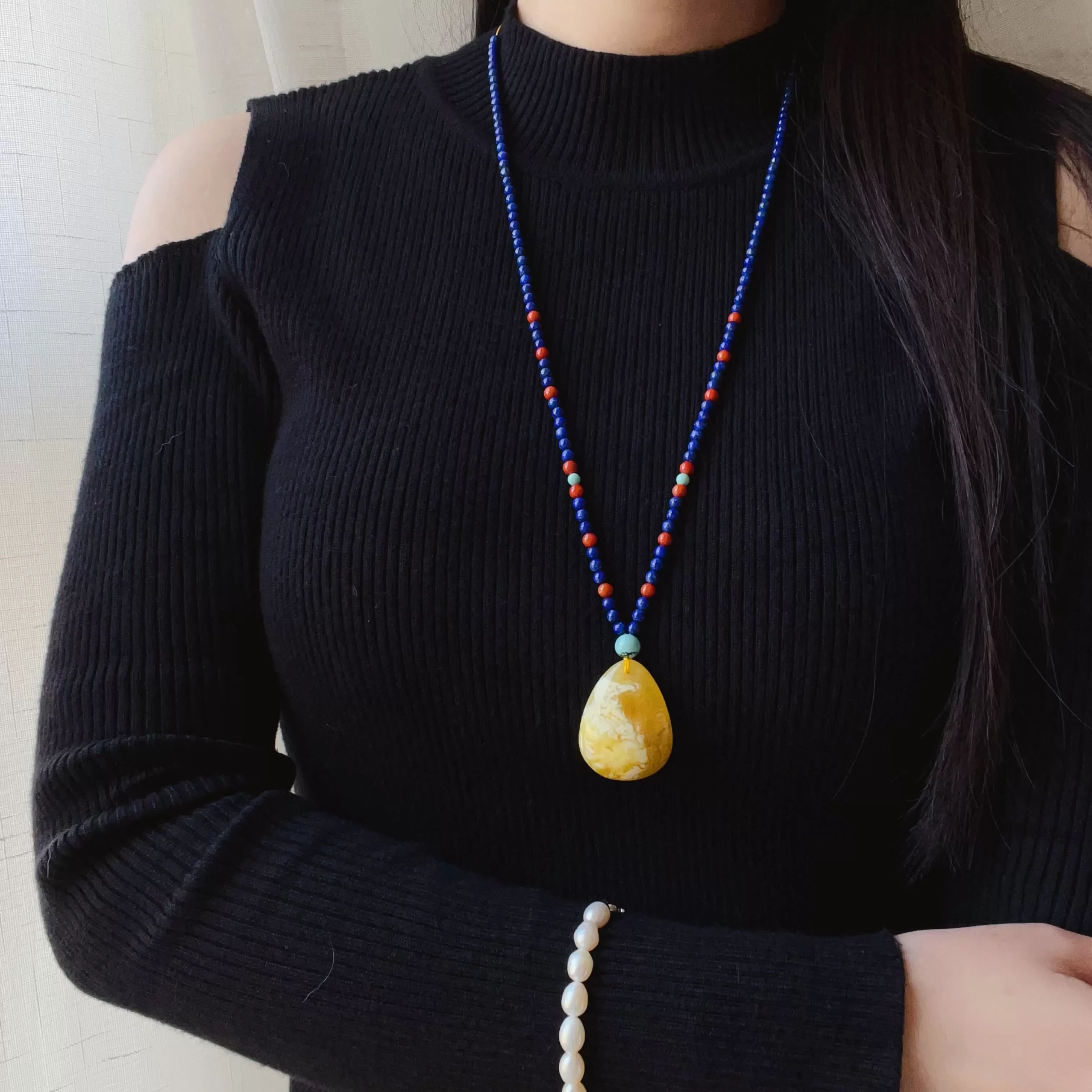 Genuine High-grade Amber Pendant Necklace Beaded with Agate Turquoise Lapis Lauzli | One of A Kind Handmade Jewelry Adjustable Style