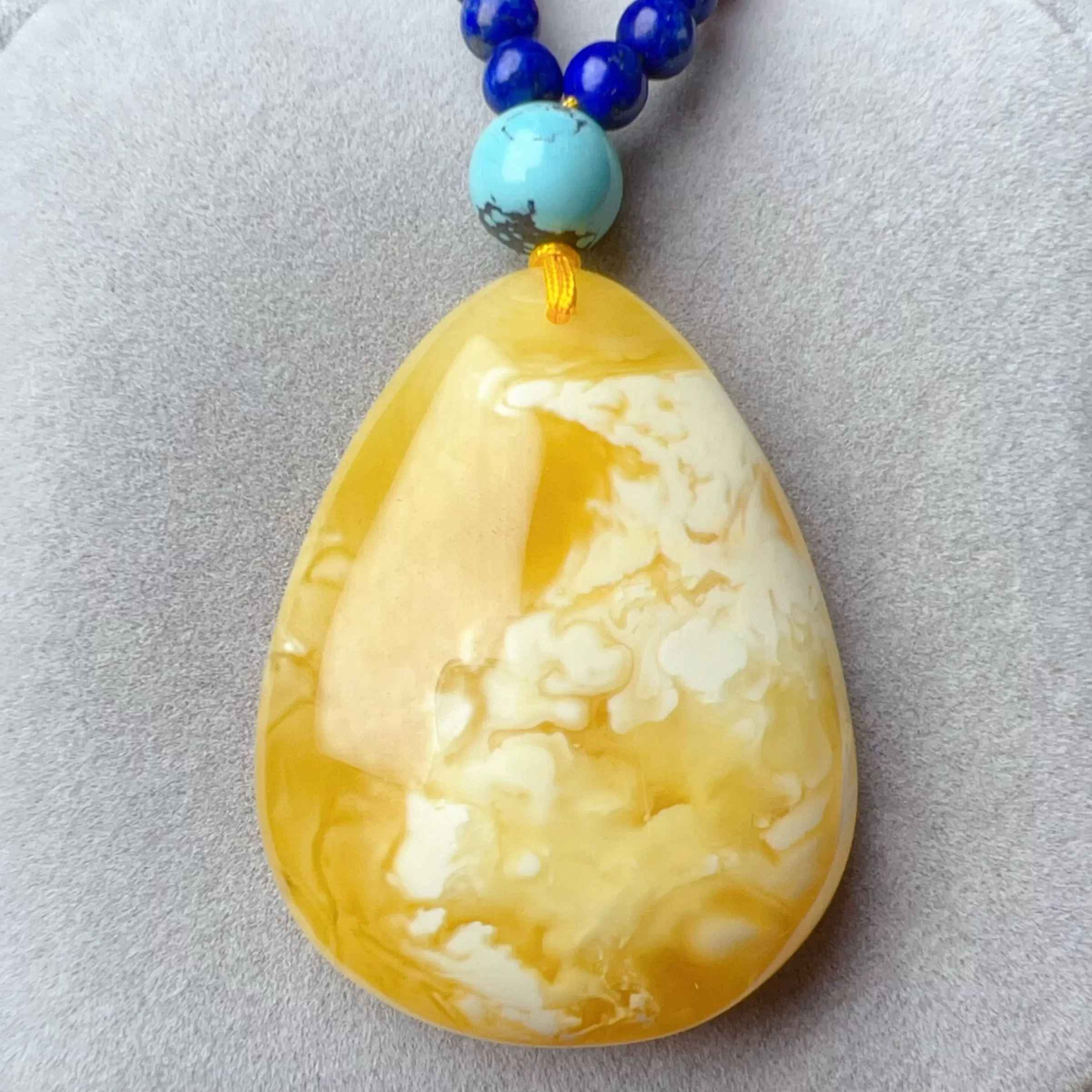 Genuine High-grade Amber Pendant Necklace Beaded with Agate Turquoise Lapis Lauzli | One of A Kind Handmade Jewelry Adjustable Style