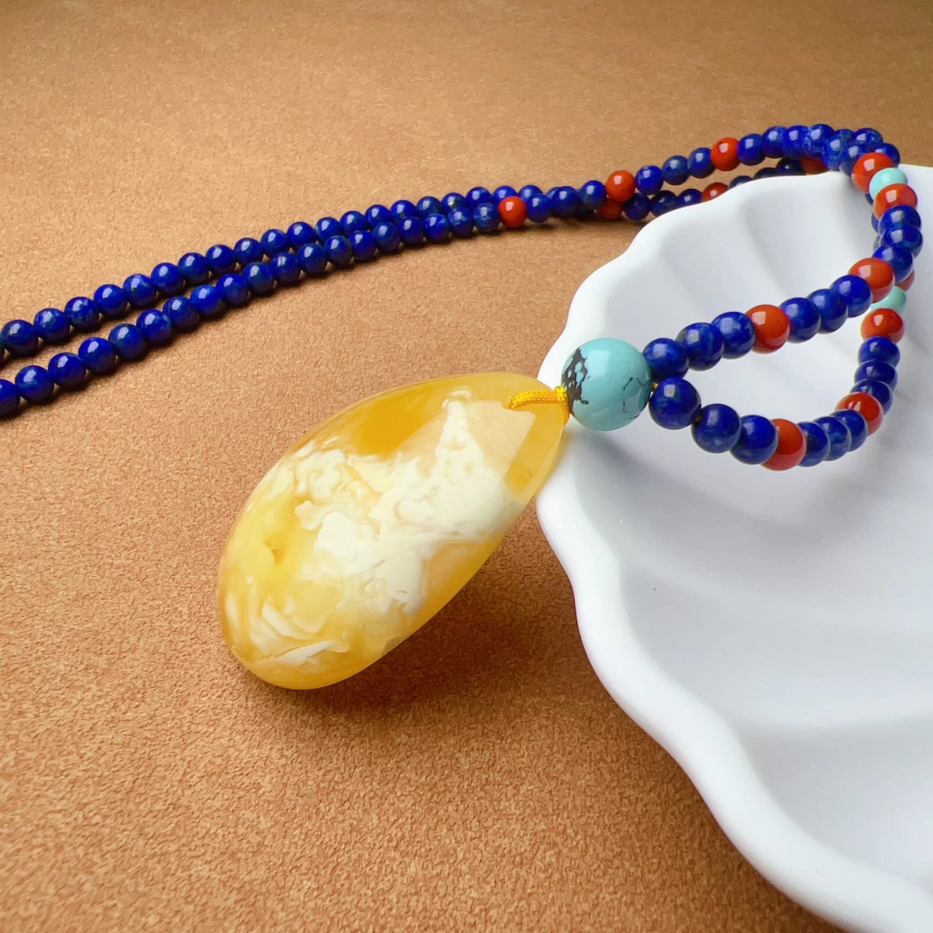 Genuine High-grade Amber Pendant Necklace Beaded with Agate Turquoise Lapis Lauzli | One of A Kind Handmade Jewelry Adjustable Style