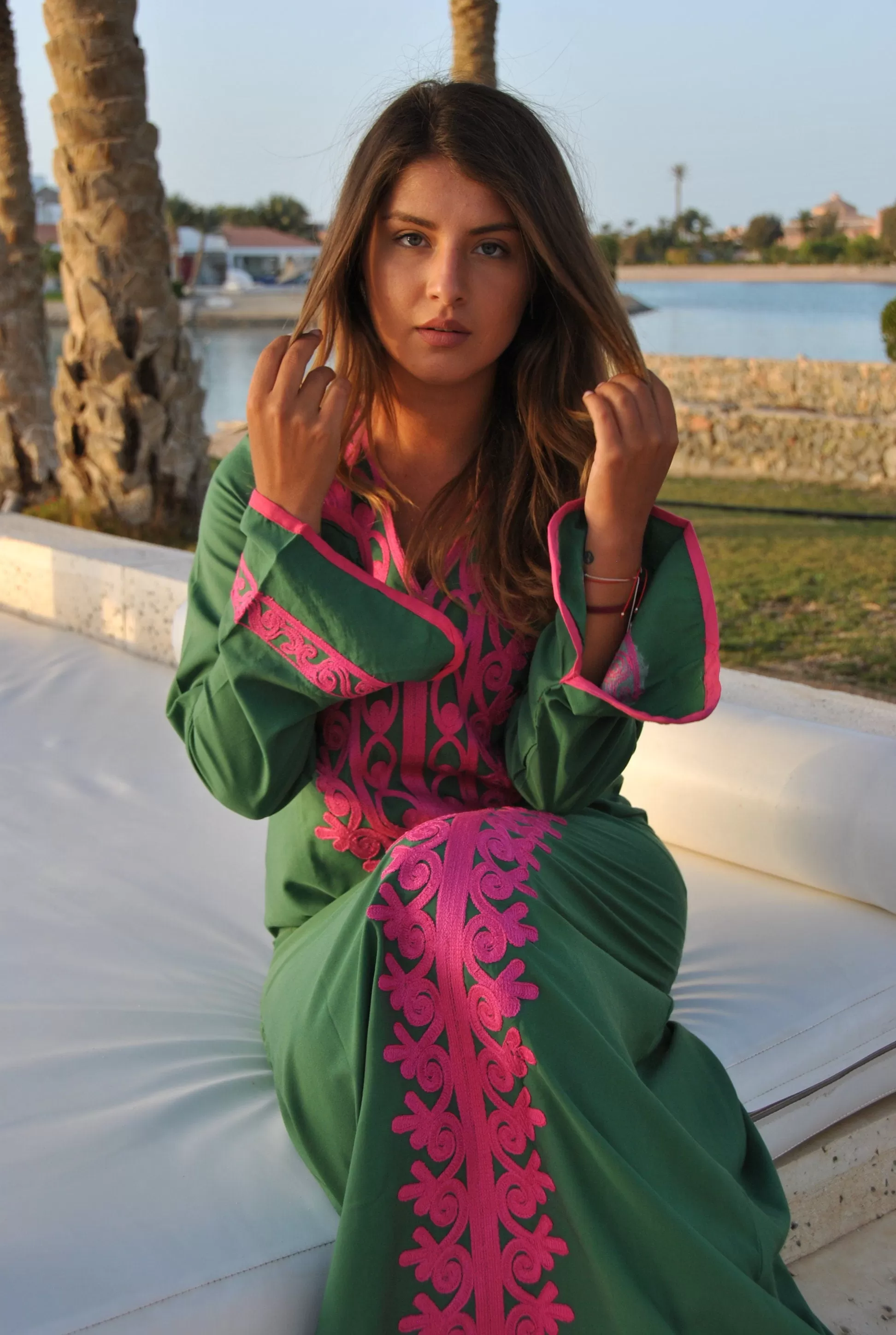 Green Autumn / Winter Bohemian Maxi kaftan dress, Long sleeve caftan, Chic embroidered caftan, High quality Egyptian cotton.