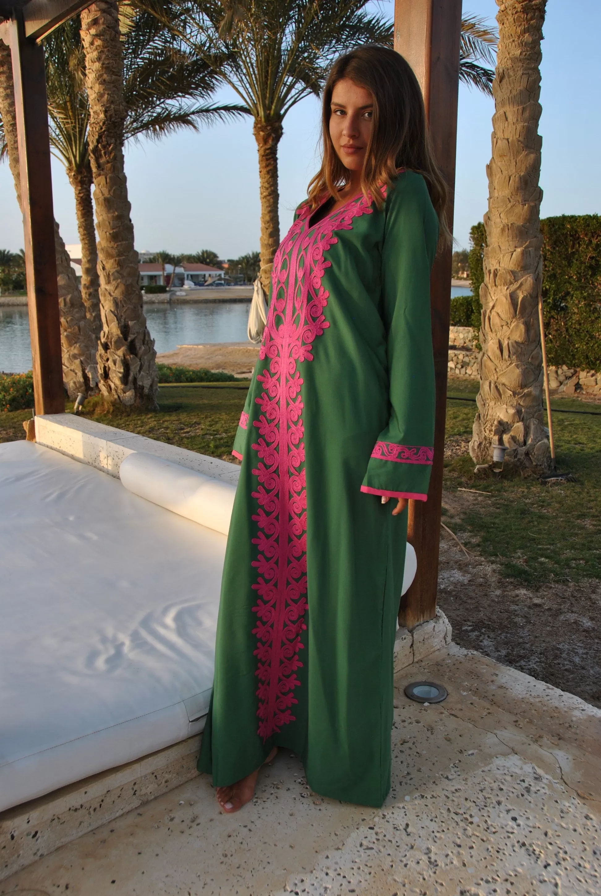 Green Autumn / Winter Bohemian Maxi kaftan dress, Long sleeve caftan, Chic embroidered caftan, High quality Egyptian cotton.