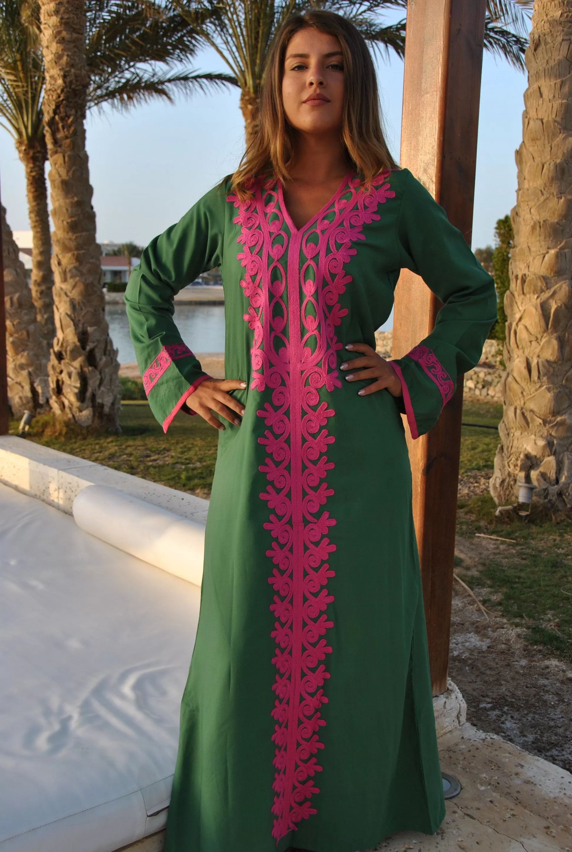 Green Autumn / Winter Bohemian Maxi kaftan dress, Long sleeve caftan, Chic embroidered caftan, High quality Egyptian cotton.