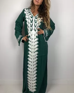 Green Autumn / Winter Bohemian Maxi kaftan dress, Long sleeve caftan, Chic embroidered caftan, High quality Egyptian cotton.