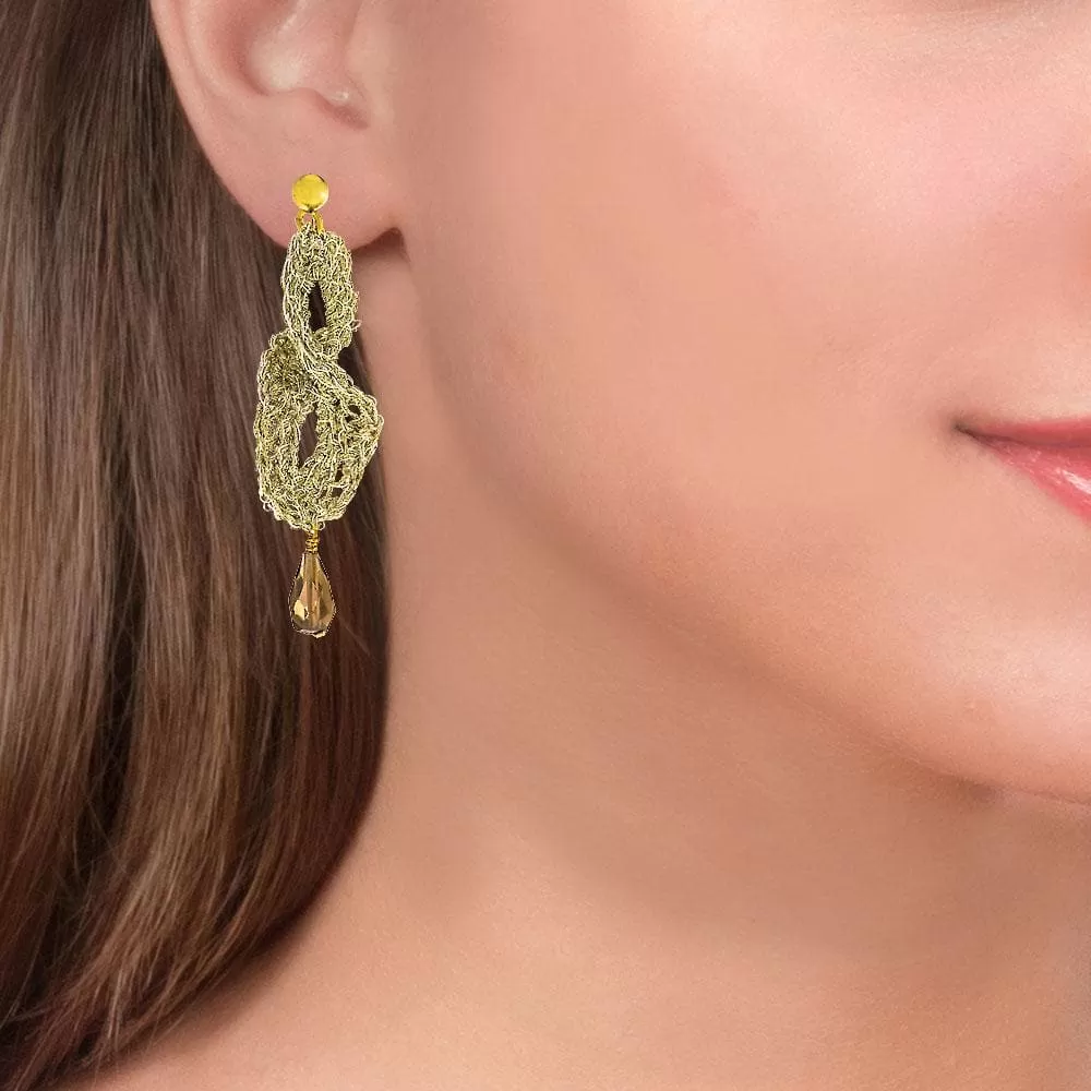 Handmade Gold Plated Crochet Drop Earrings With Smoking Quartz