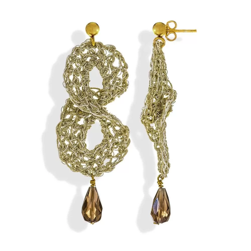 Handmade Gold Plated Crochet Drop Earrings With Smoking Quartz