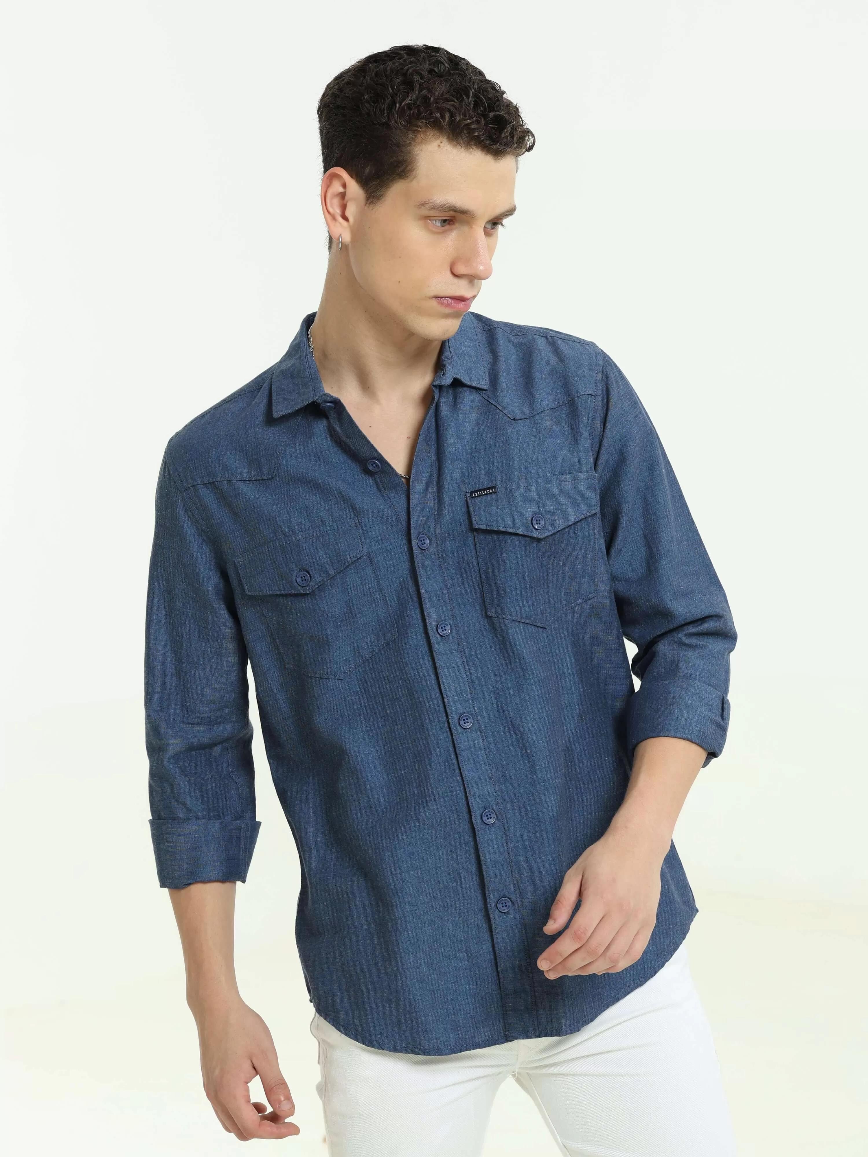 Indigo blue solid double pocket shirt