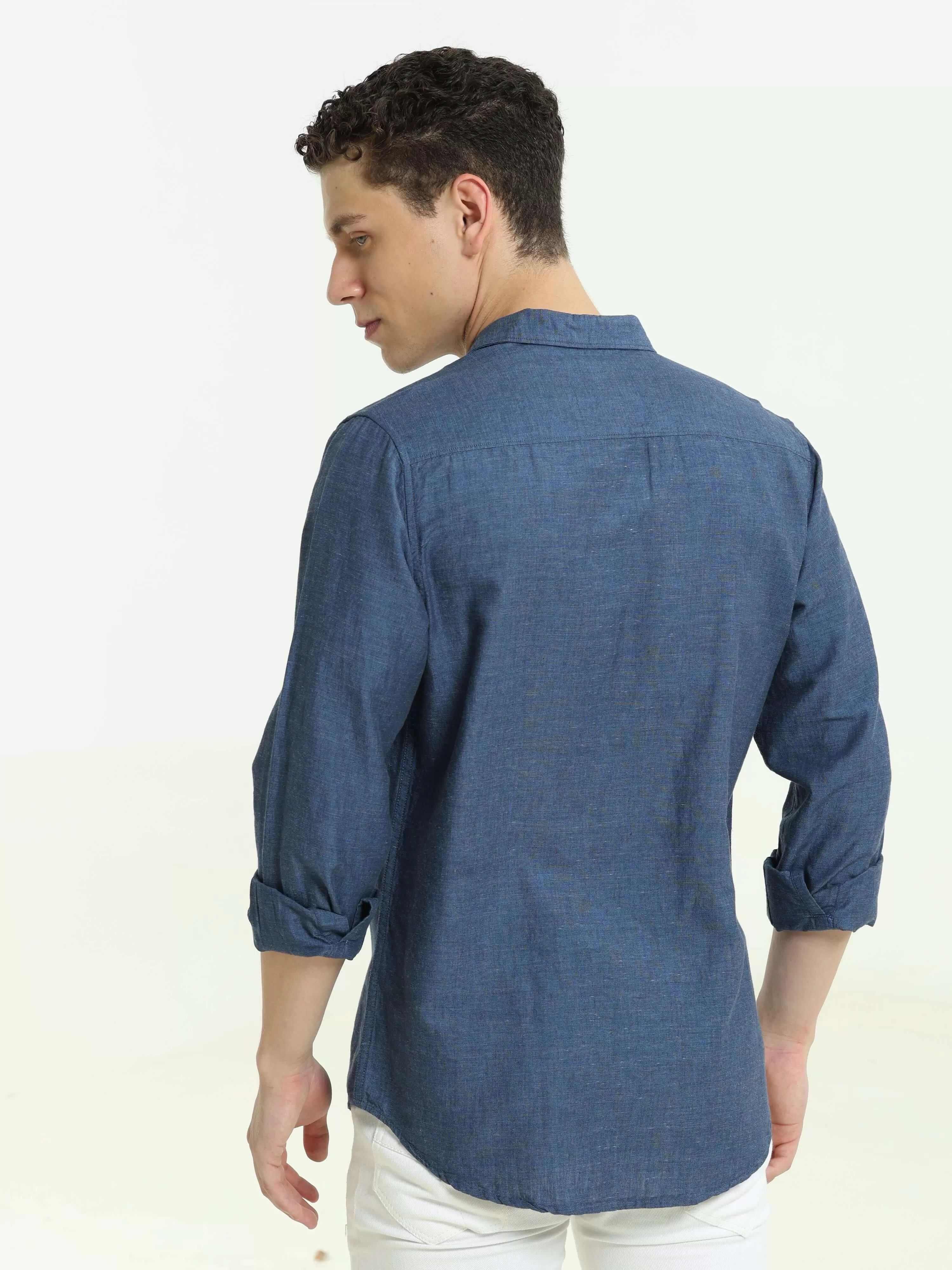 Indigo blue solid double pocket shirt