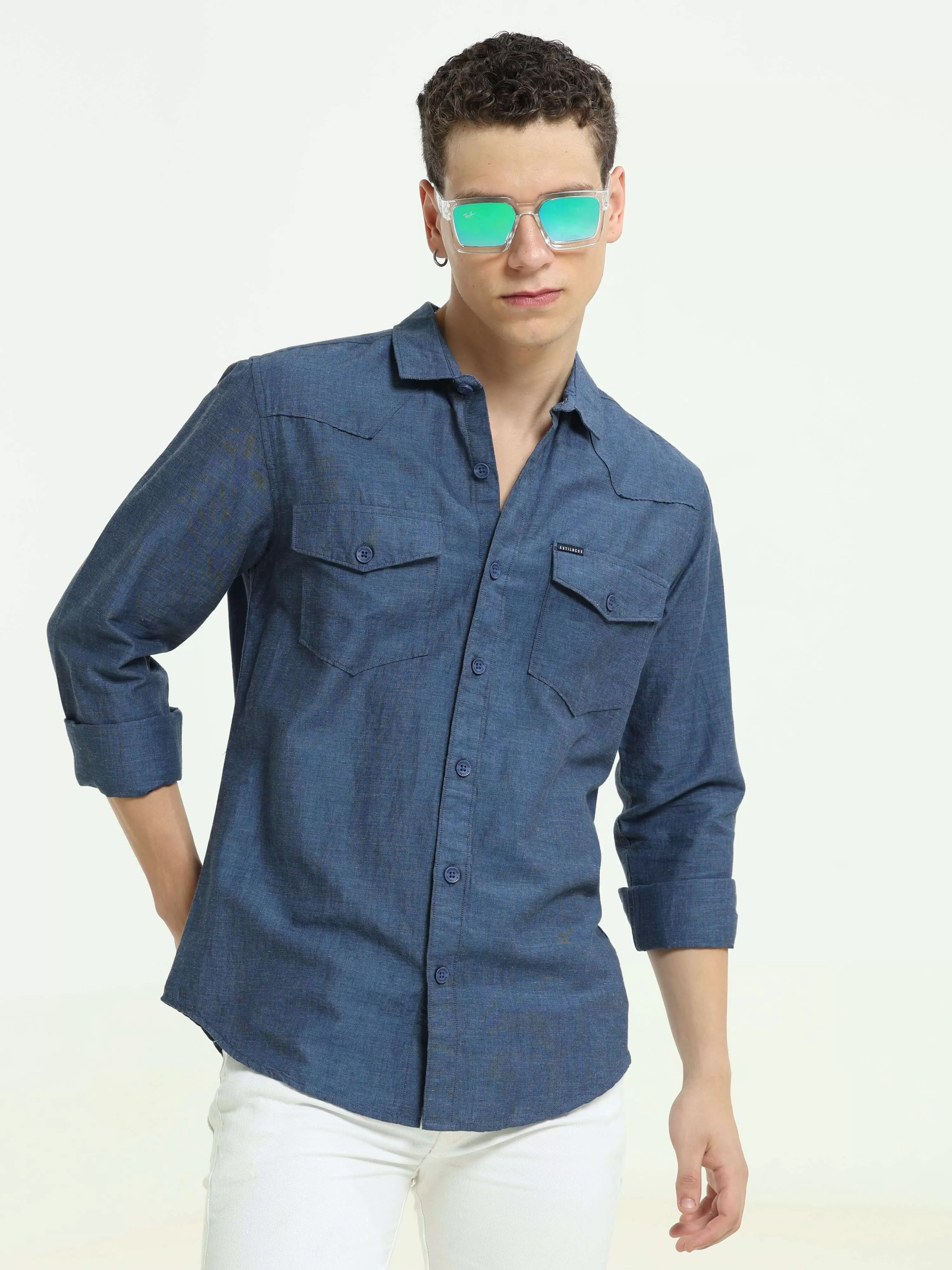 Indigo blue solid double pocket shirt