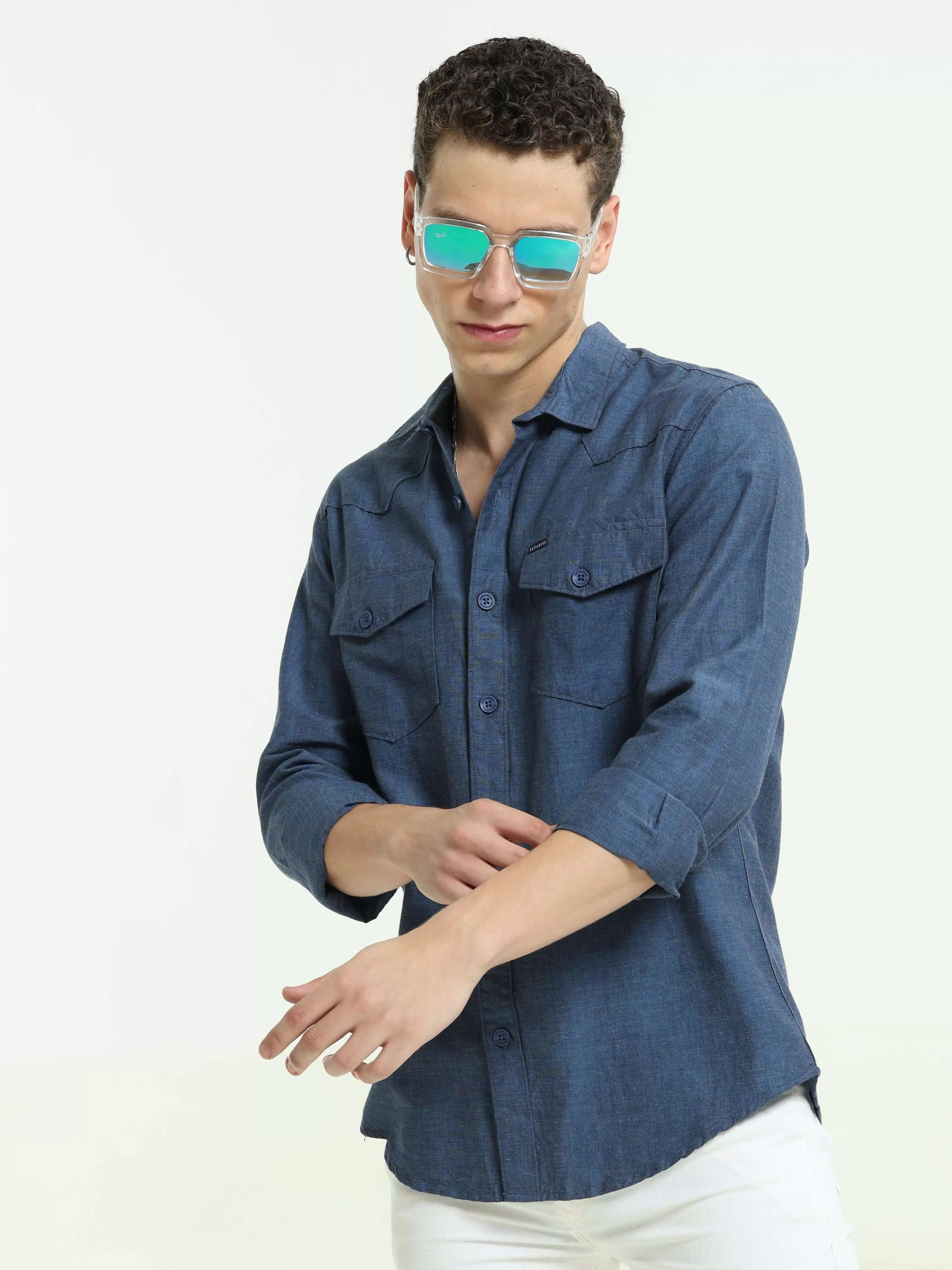 Indigo blue solid double pocket shirt