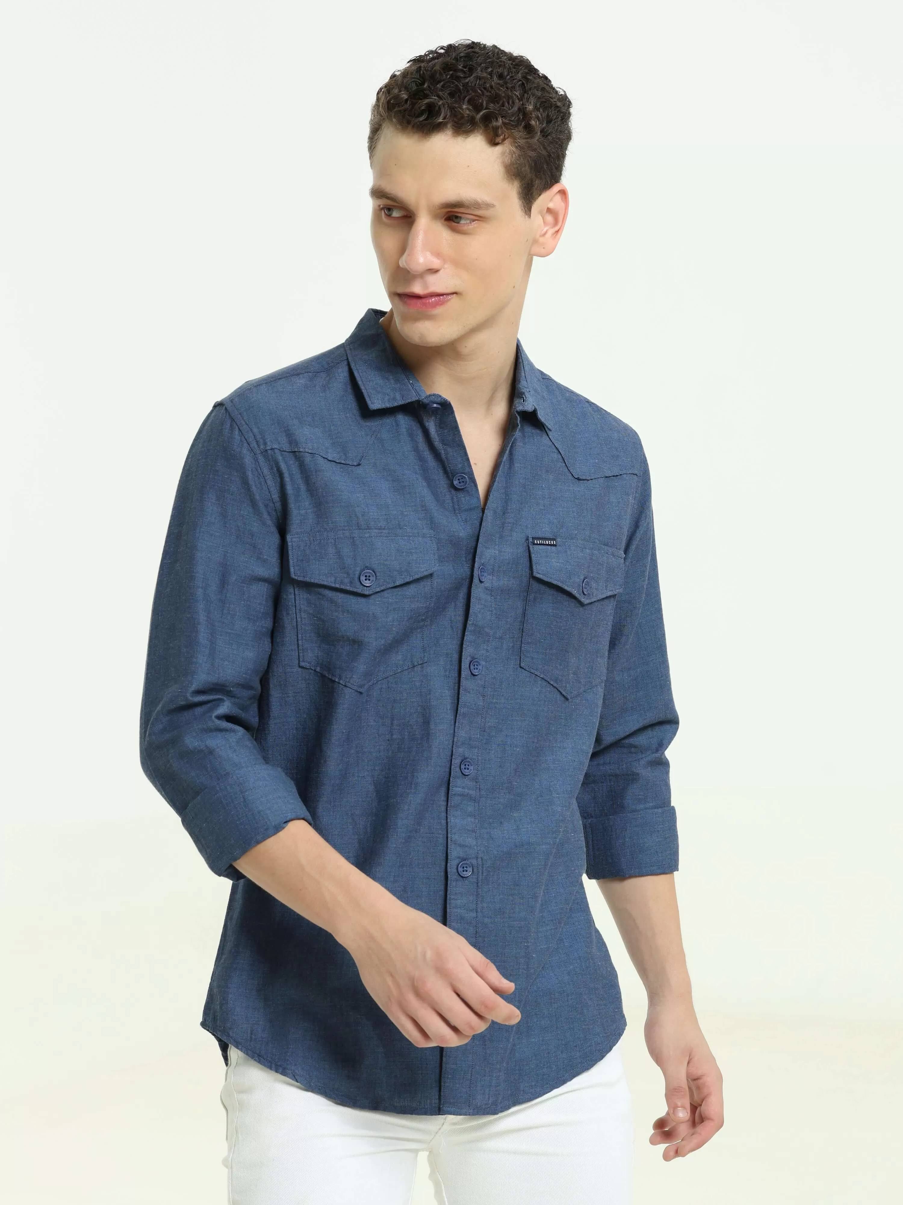 Indigo blue solid double pocket shirt