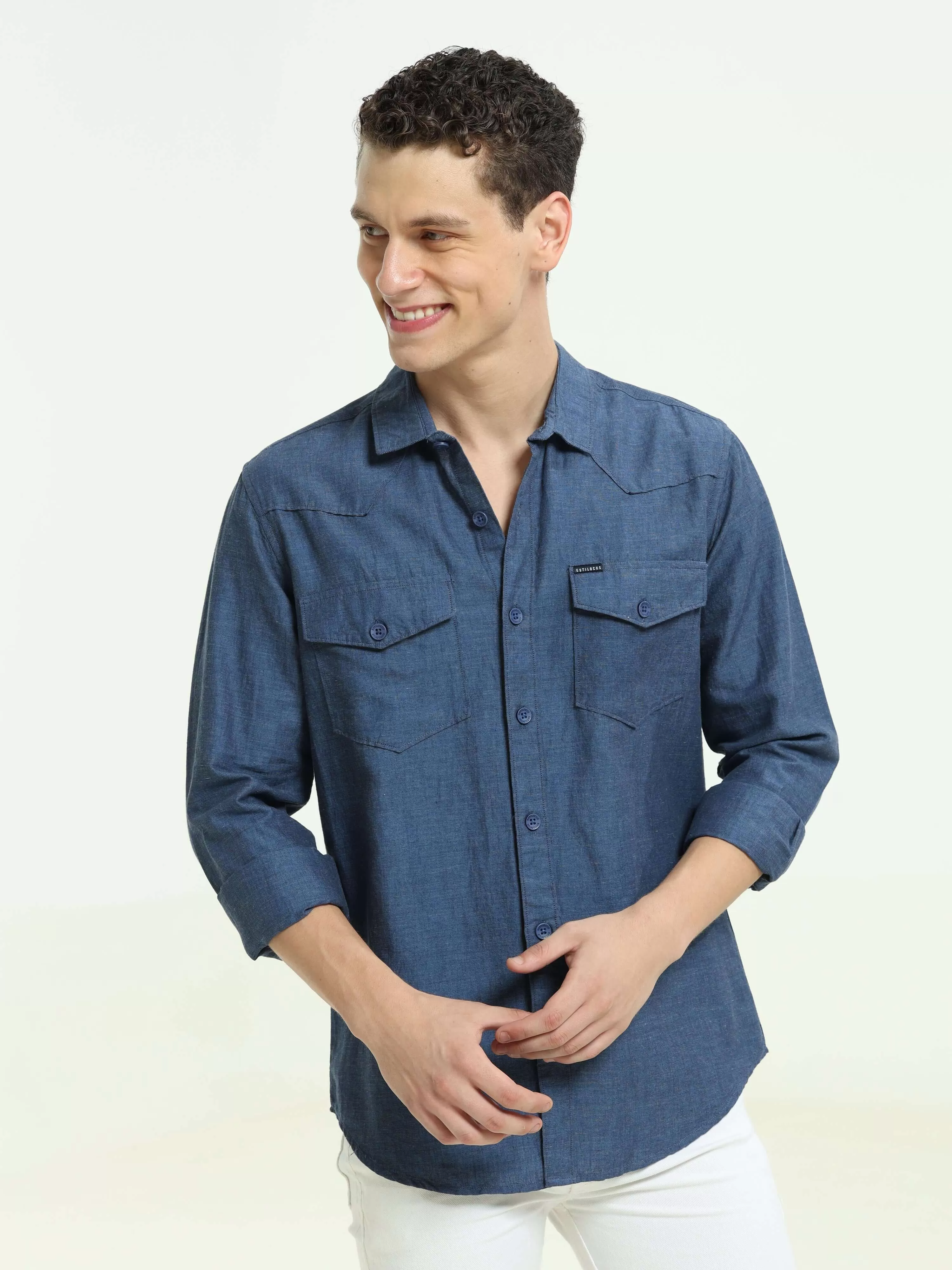 Indigo blue solid double pocket shirt