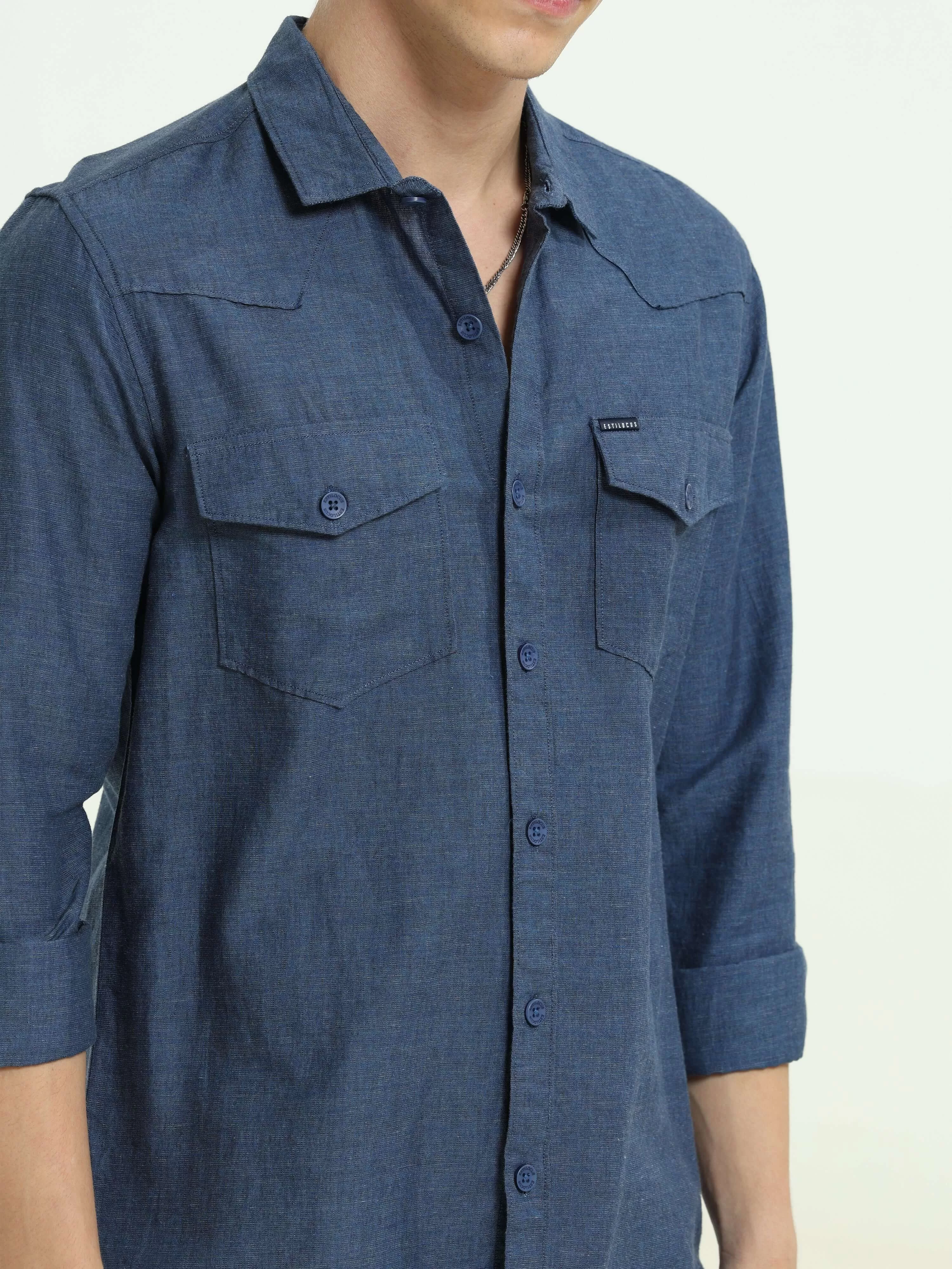 Indigo blue solid double pocket shirt