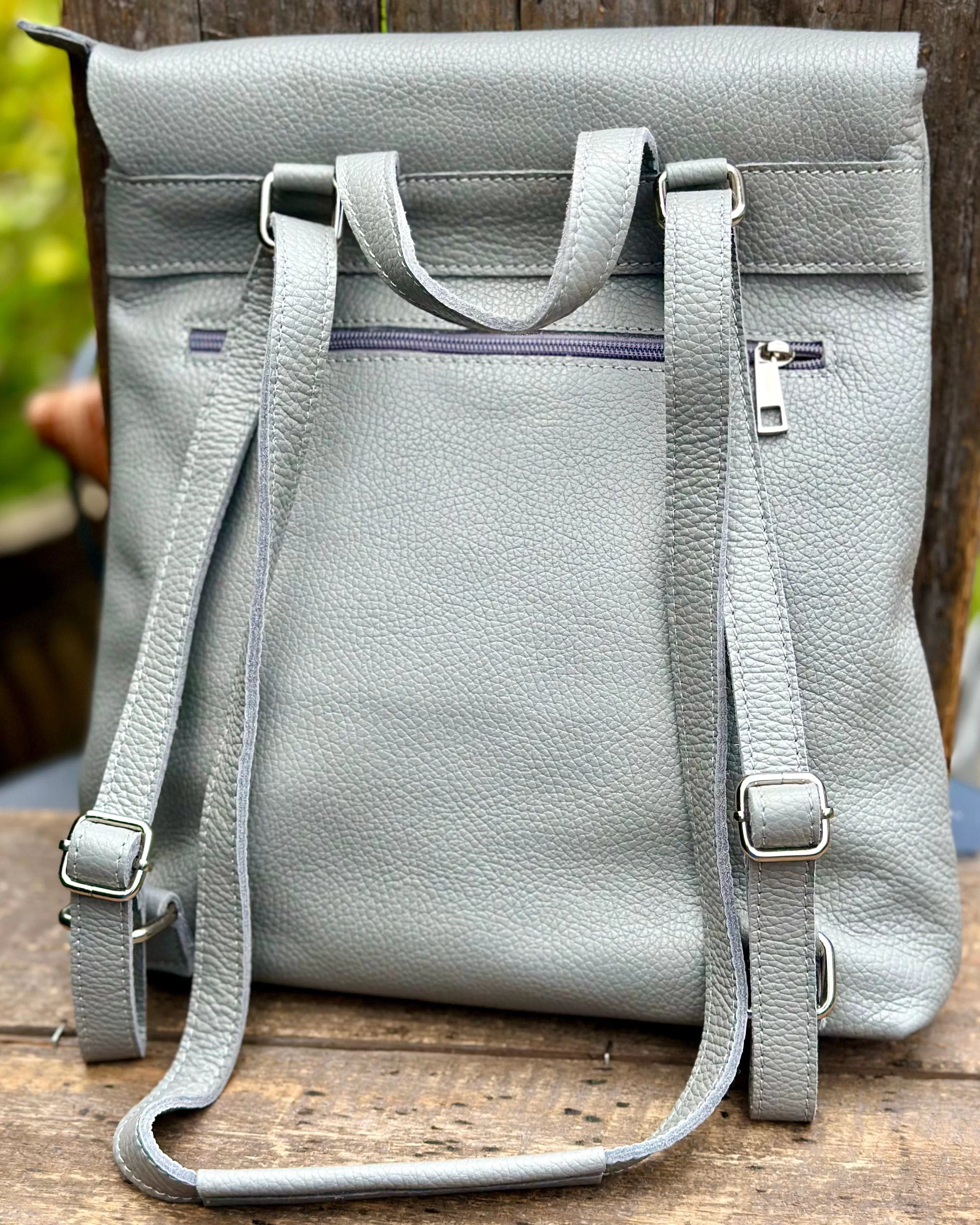 Large Soft Leather Backpack - Silver Grey