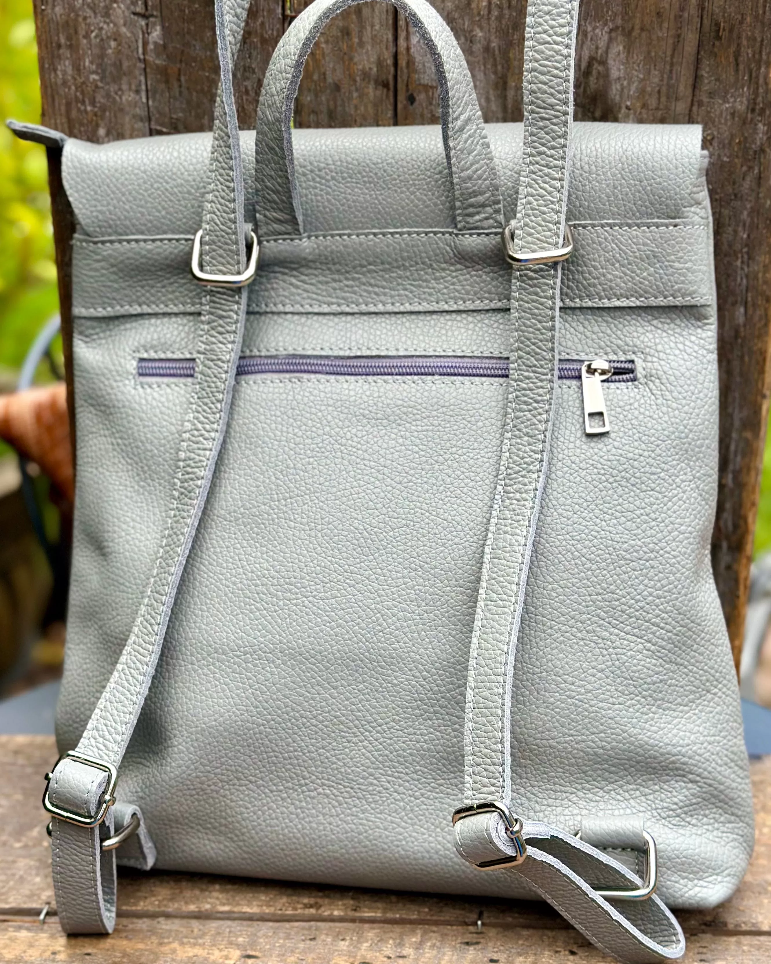 Large Soft Leather Backpack - Silver Grey