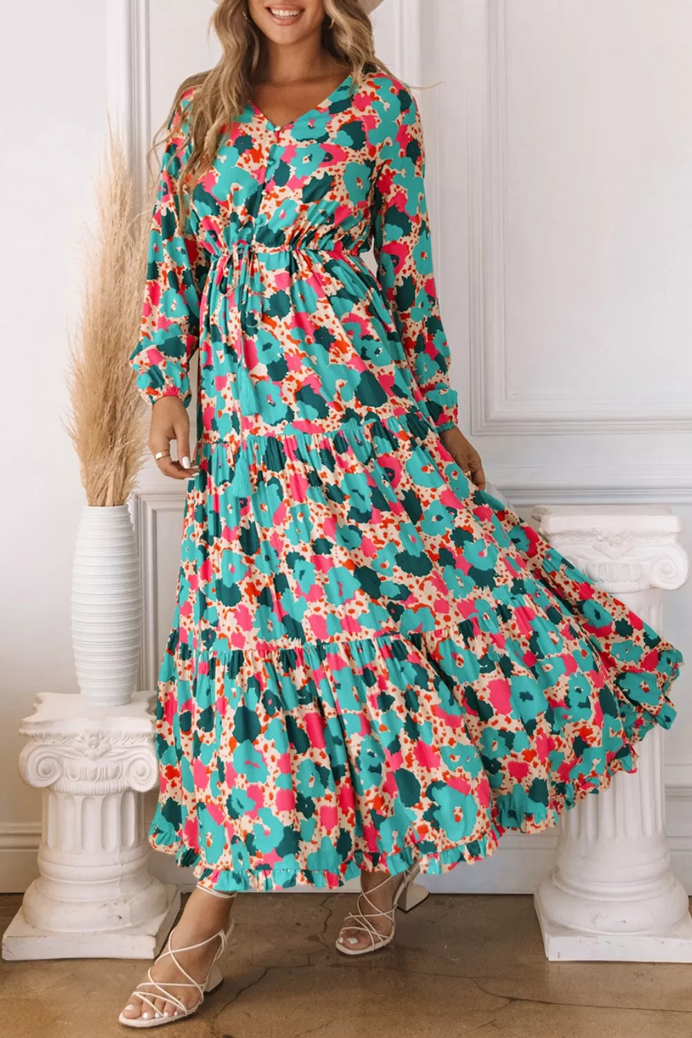 Multicolor Bohemia Print V Neck Ruffle Long Sleeve Maxi Dress