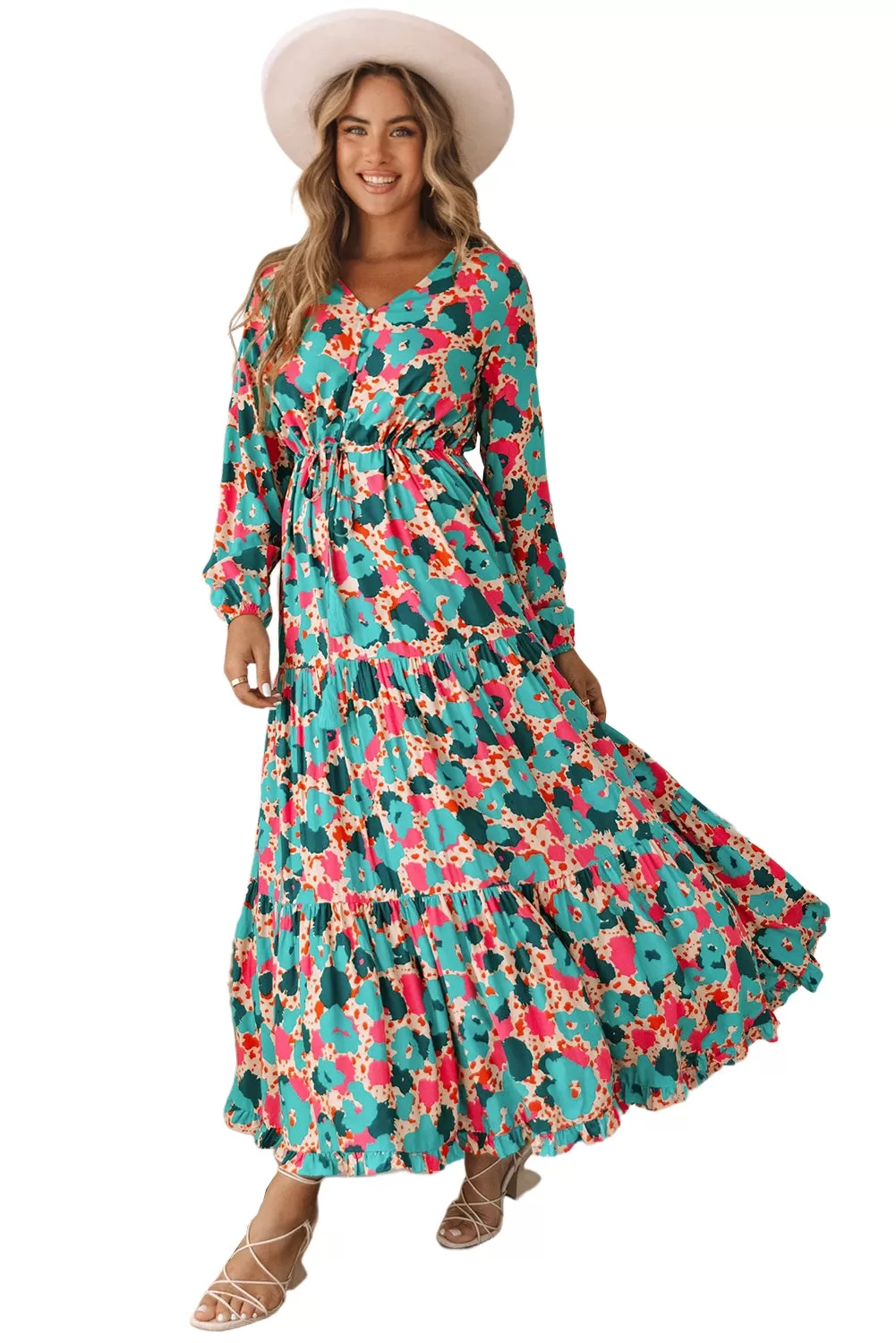 Multicolor Bohemia Print V Neck Ruffle Long Sleeve Maxi Dress