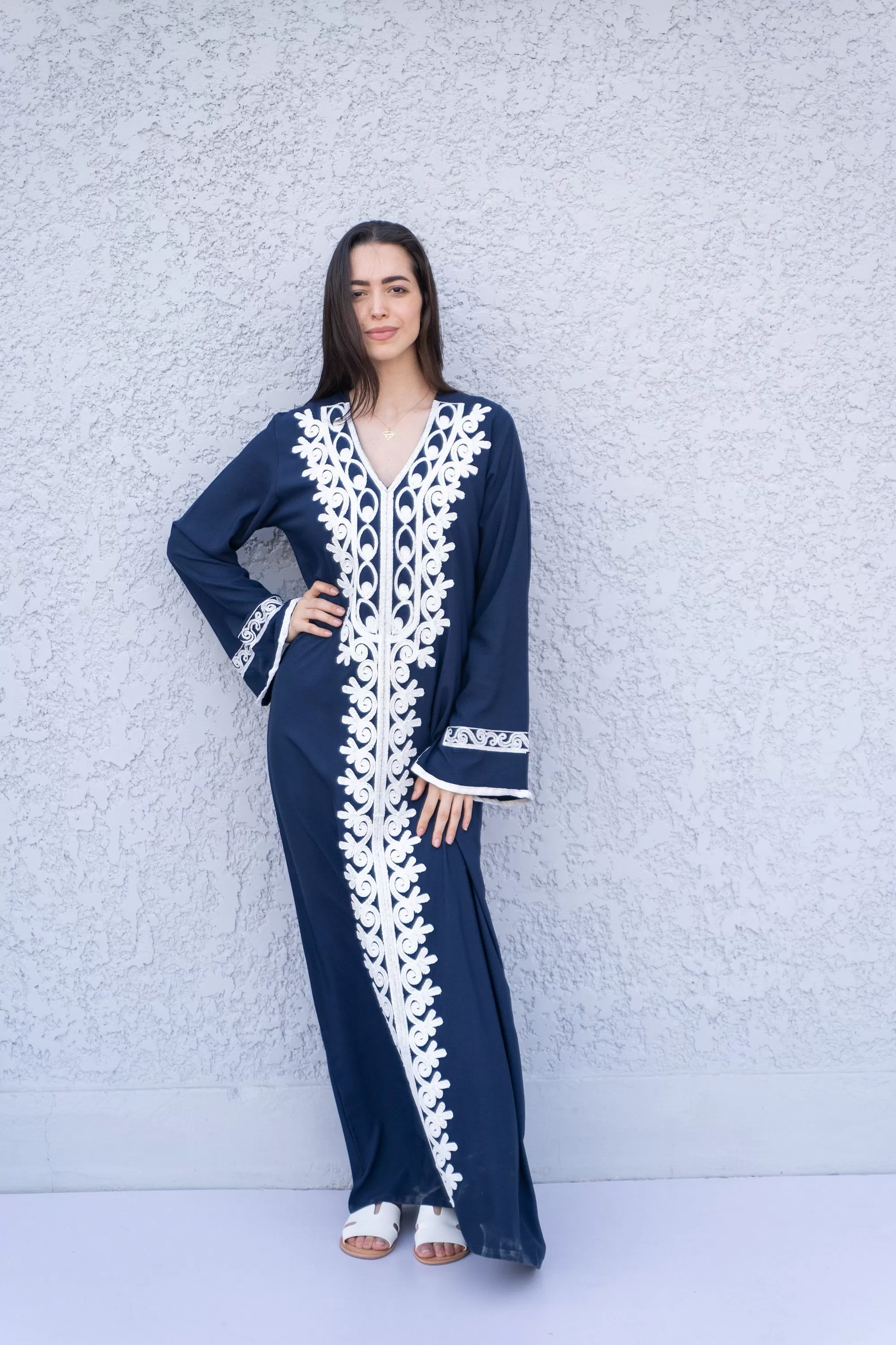 Navy blue Autumn / Winter Bohemian Maxi kaftan dress, Long sleeve caftan, Chic embroidered caftan, High quality Egyptian cotton.