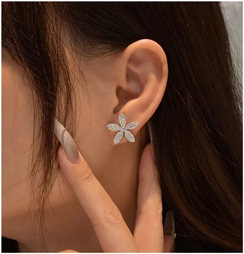 Pave Flower Stud Earrings in Sterling Silver