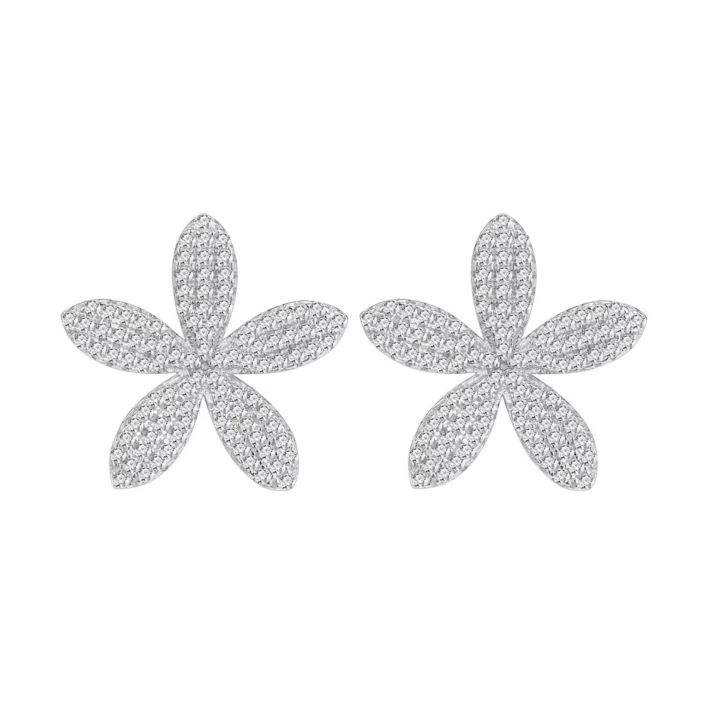 Pave Flower Stud Earrings in Sterling Silver