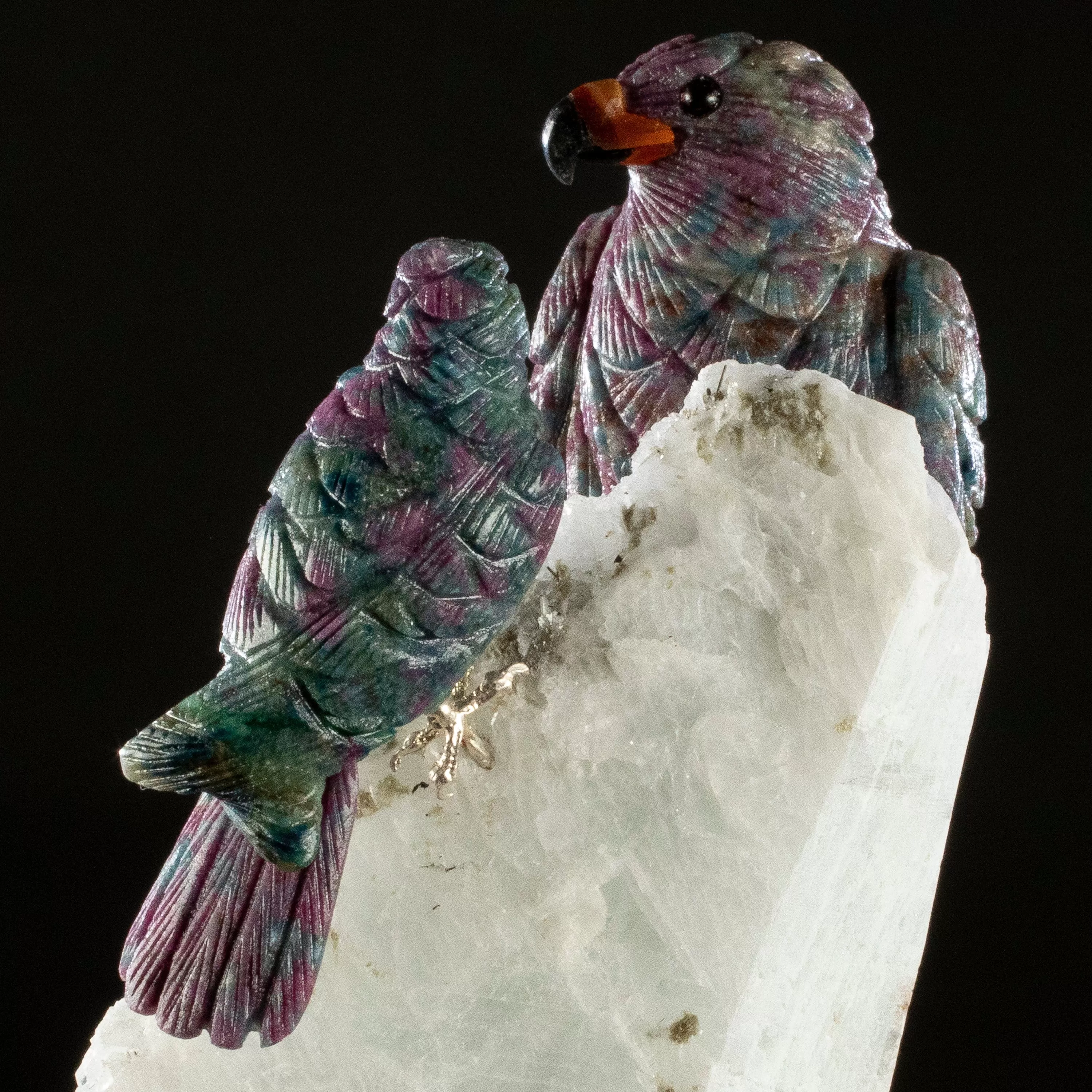 Peter Muller Rubizoisite Falcon Love Bird Carvings on Albite Base