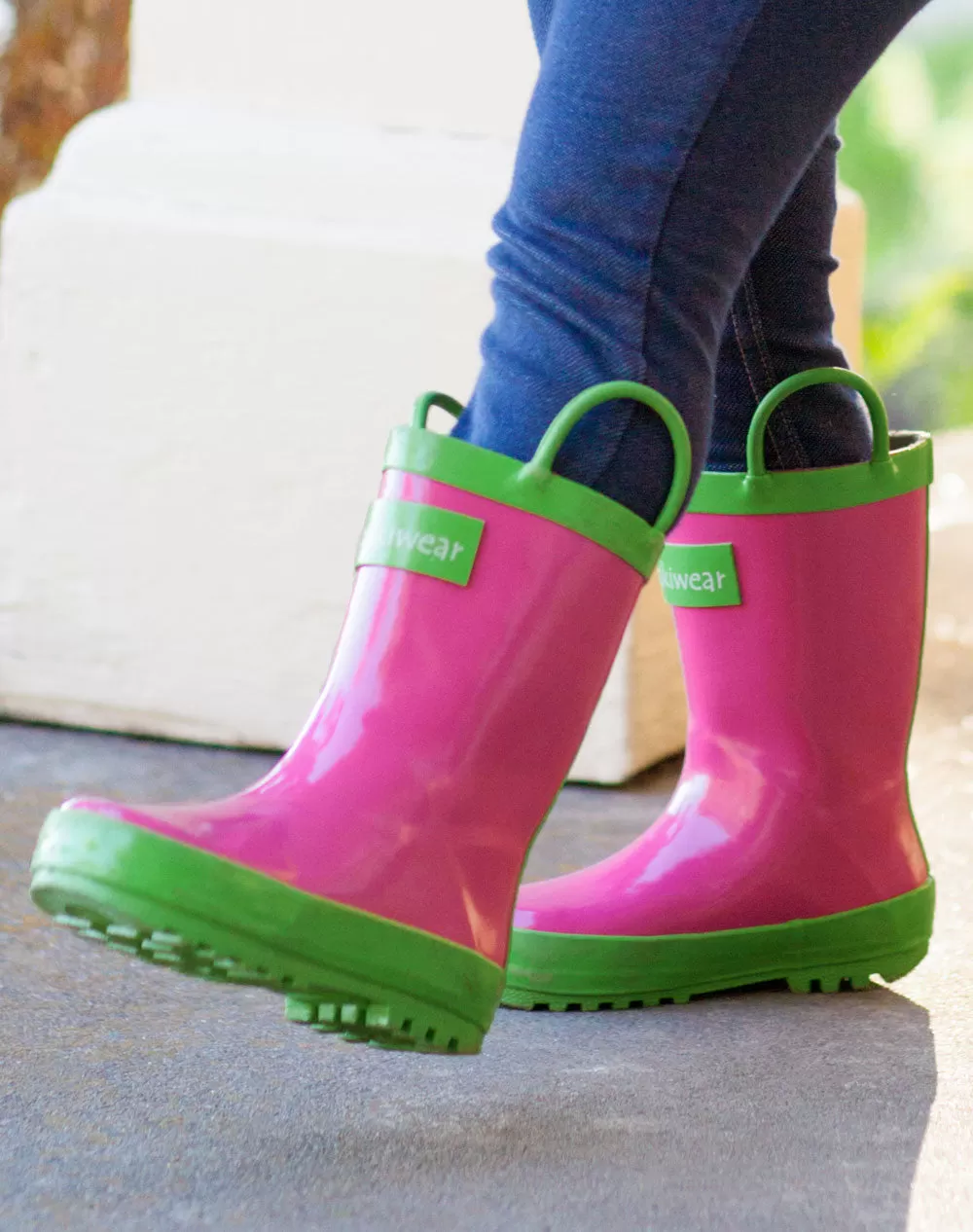 Pink & Green Loop Handle Rubber Rain Boots