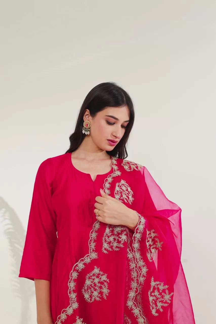 Pink chanderi heavy aari embroidery dupatta three kali set