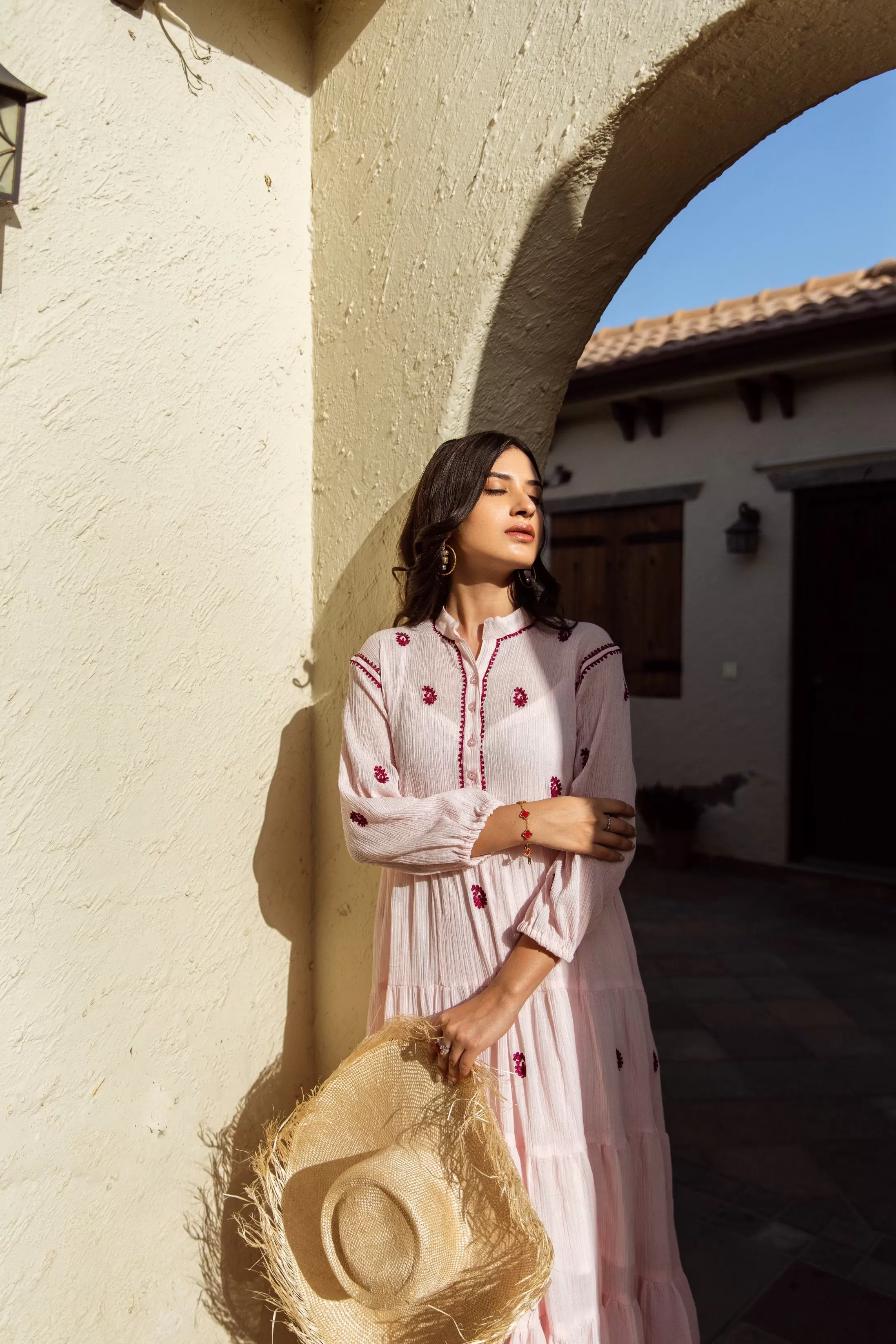 Pink cotton gauze embroidered dress