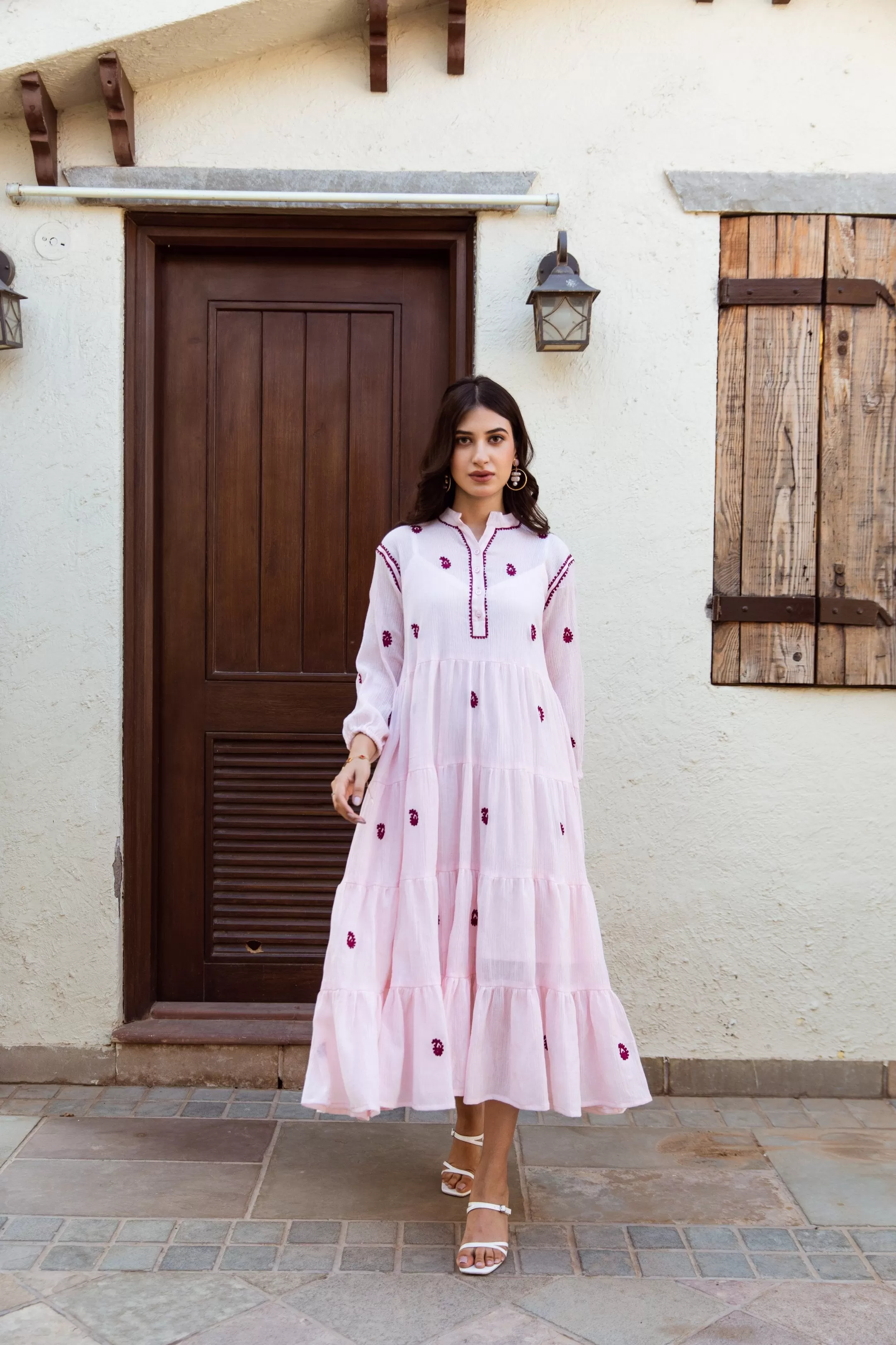 Pink cotton gauze embroidered dress