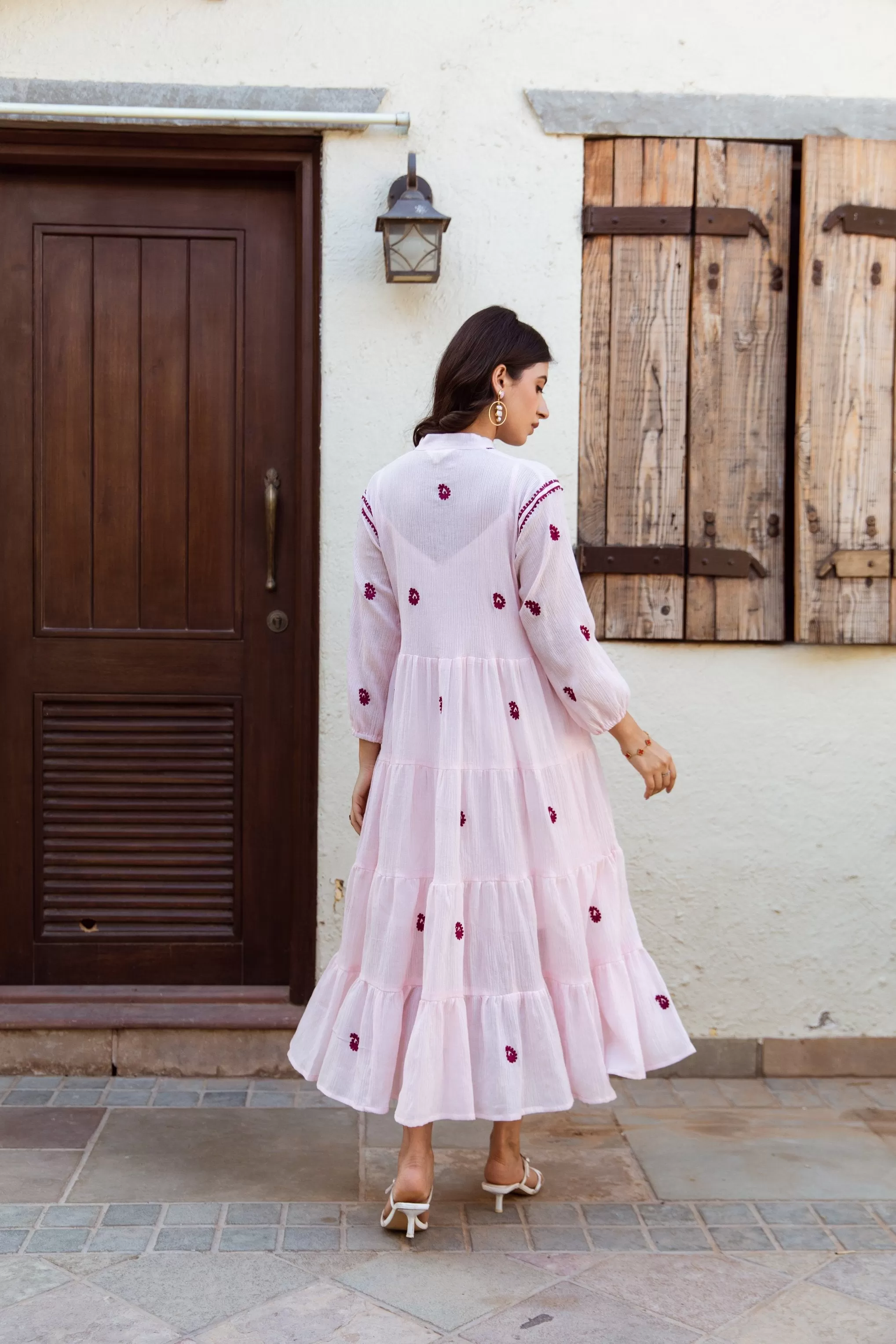 Pink cotton gauze embroidered dress