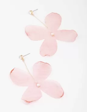 Pink Diamante & Pearl Fabric Flower Drop Earrings