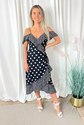 Polka Dot Mixed Print Midi Wrap Dress