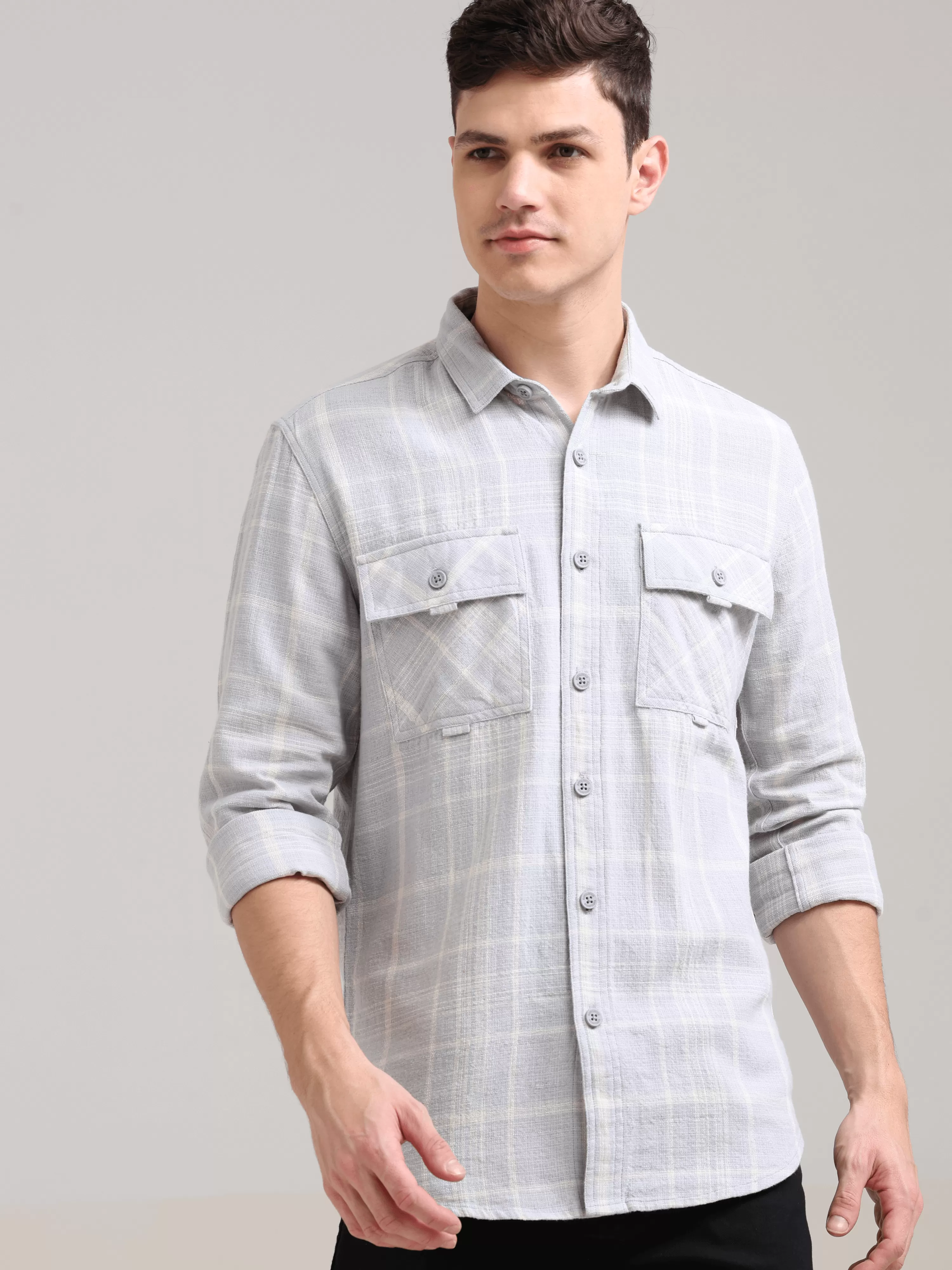 Pure Cotton Lavender Spread Collar Check Shirt