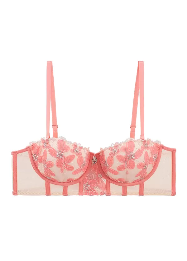 RILEY Sexy Pink Floral Embroidery Lace Balconette Long Bra