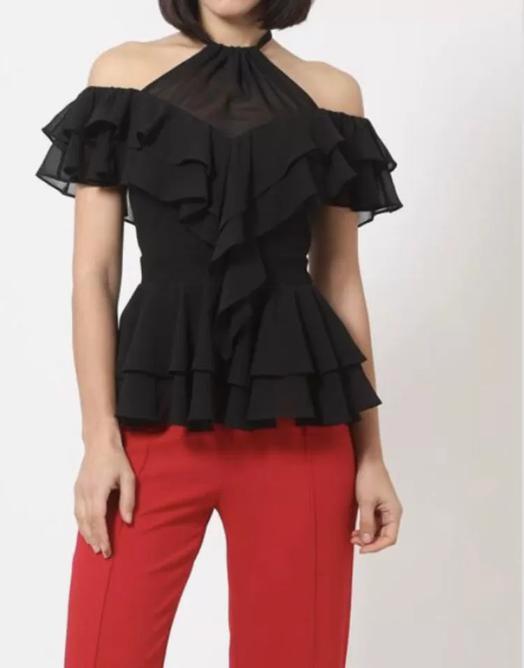 RUFFLED UBER-CHIC CHOKER BLOUSE TOP