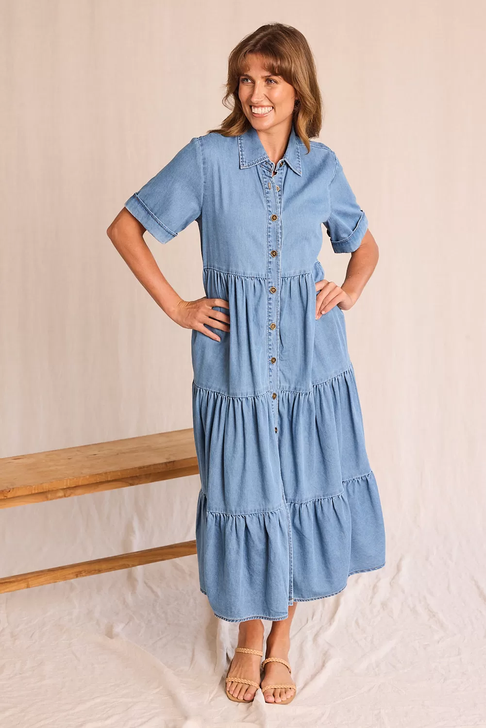 Sabre Chambray Button Through Dress in Light Wash