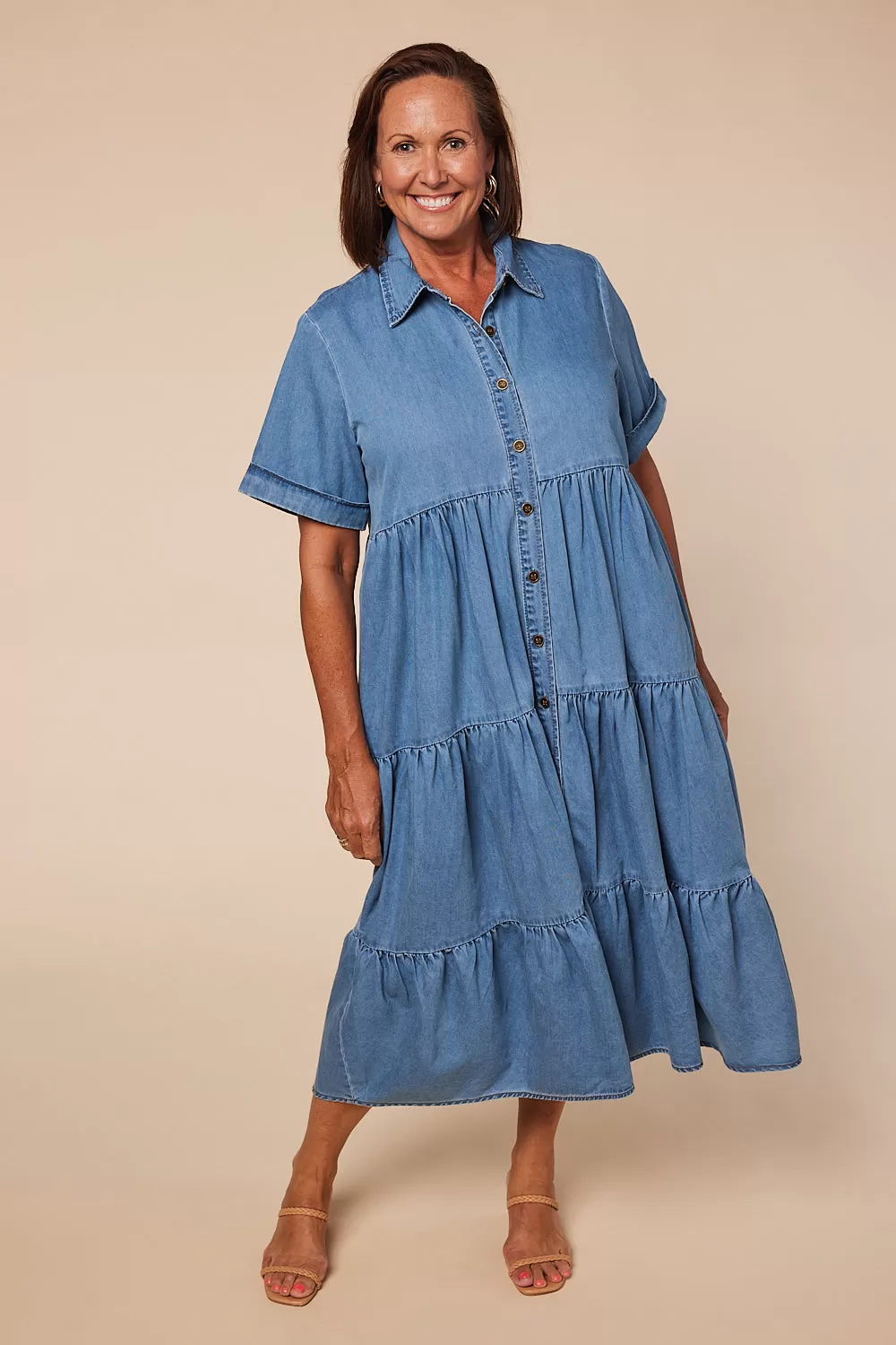 Sabre Chambray Button Through Dress in Light Wash