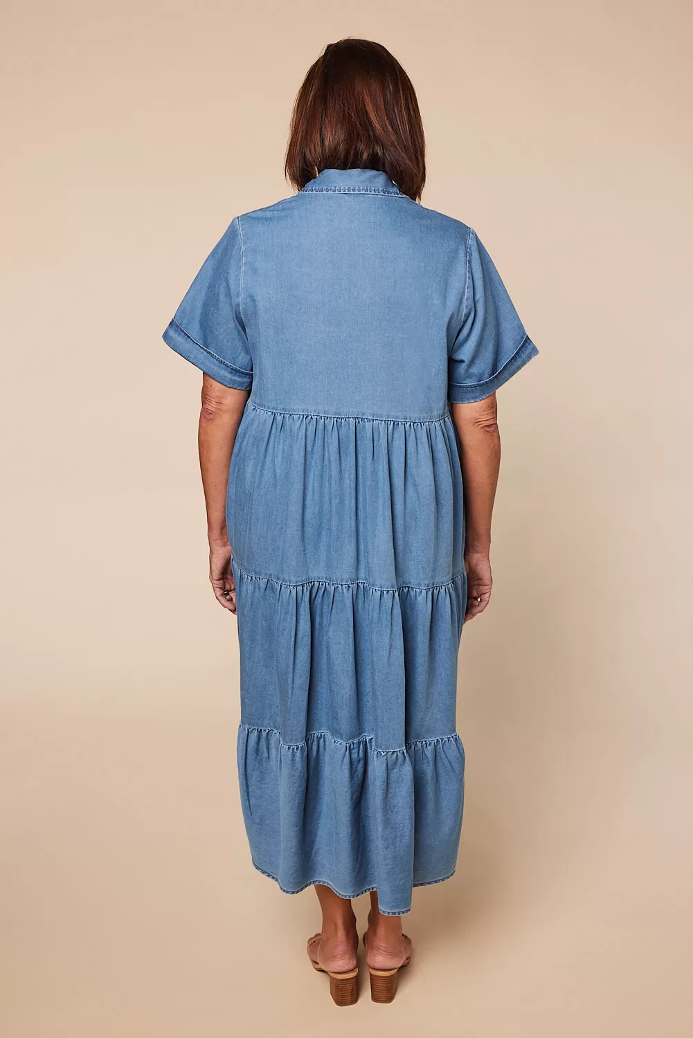 Sabre Chambray Button Through Dress in Light Wash