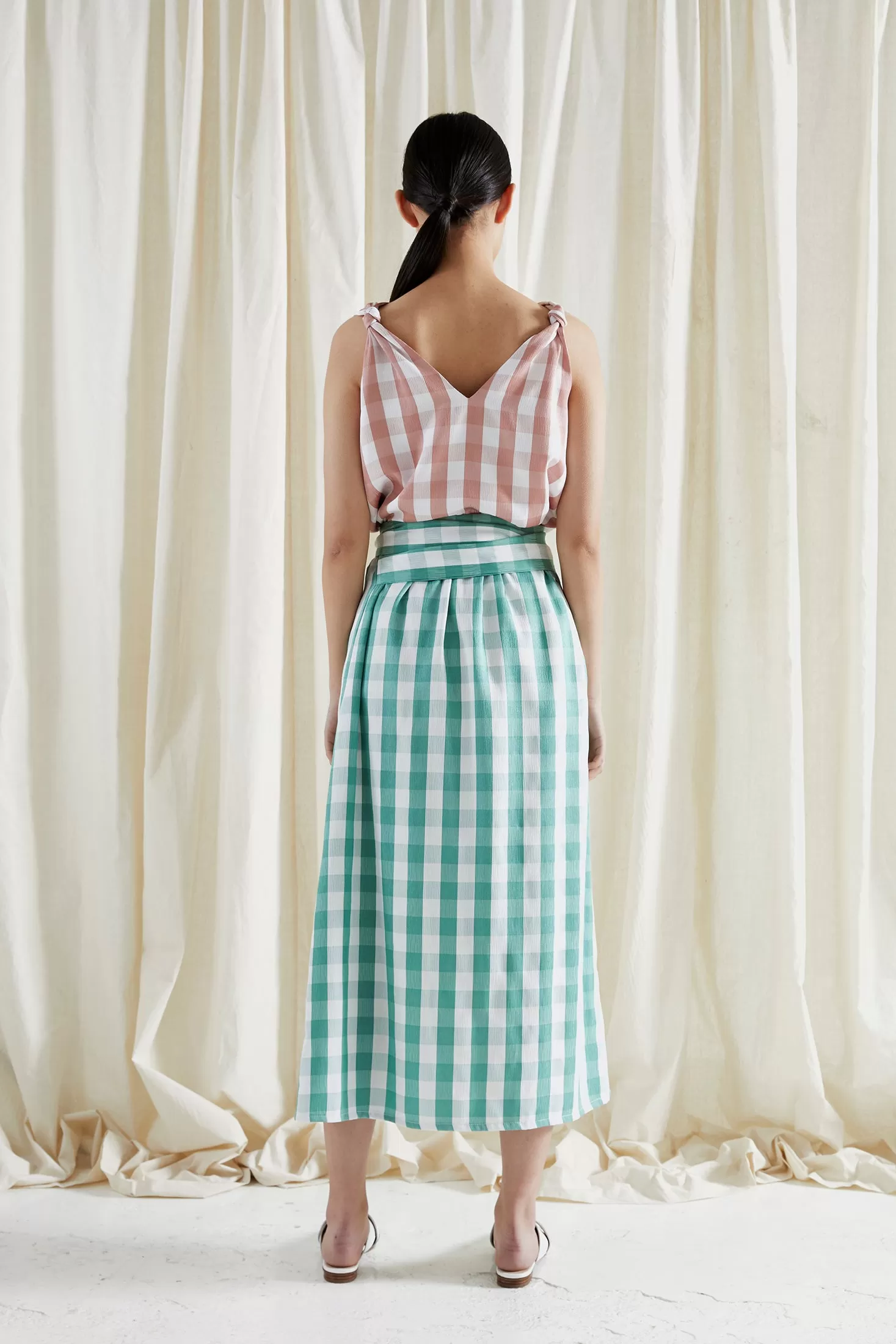 SERPENT SKIRT ~ APPLE [ Green & White Check Gingham, Wrap Waist Ties ]