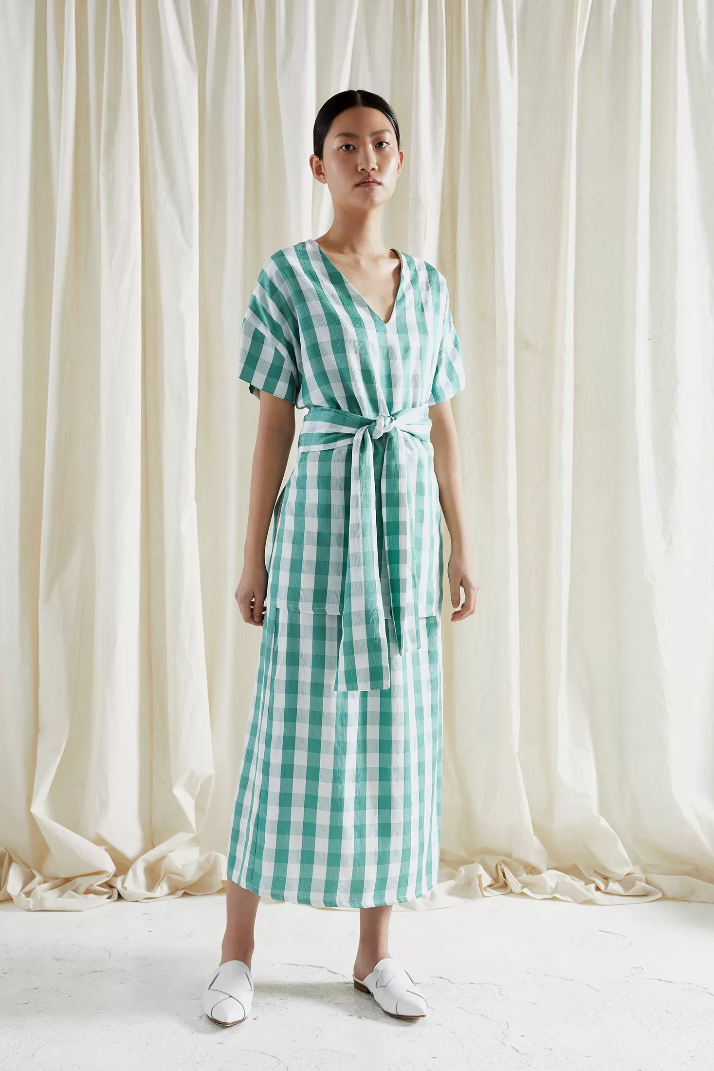 SERPENT SKIRT ~ APPLE [ Green & White Check Gingham, Wrap Waist Ties ]