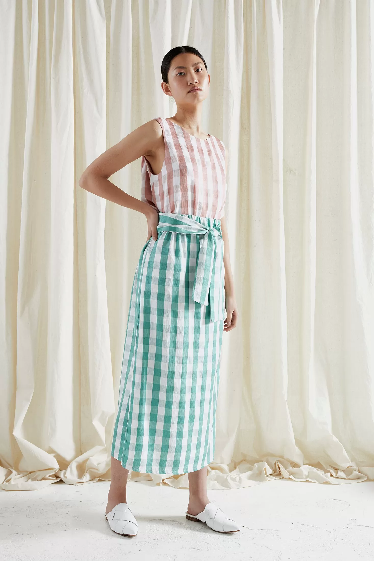 SERPENT SKIRT ~ APPLE [ Green & White Check Gingham, Wrap Waist Ties ]