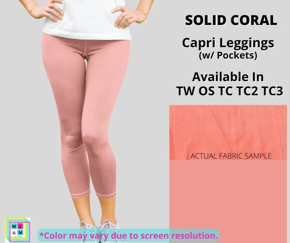 Solid Coral Capri Leggings w/ Pockets