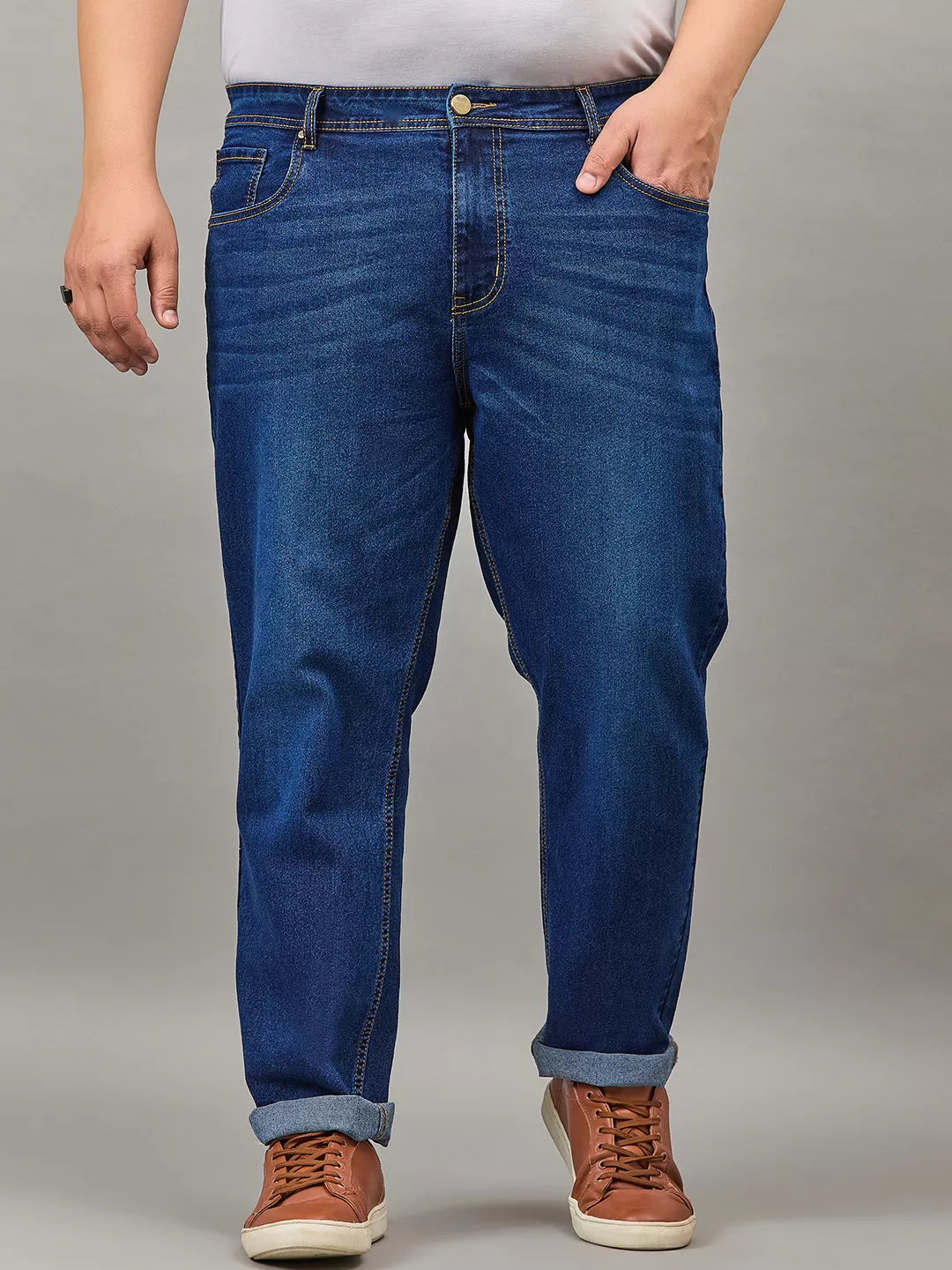 Style Quotient Men Plus Size Dark Blue Tapered Fit Mid Rise Stretchable Jeans