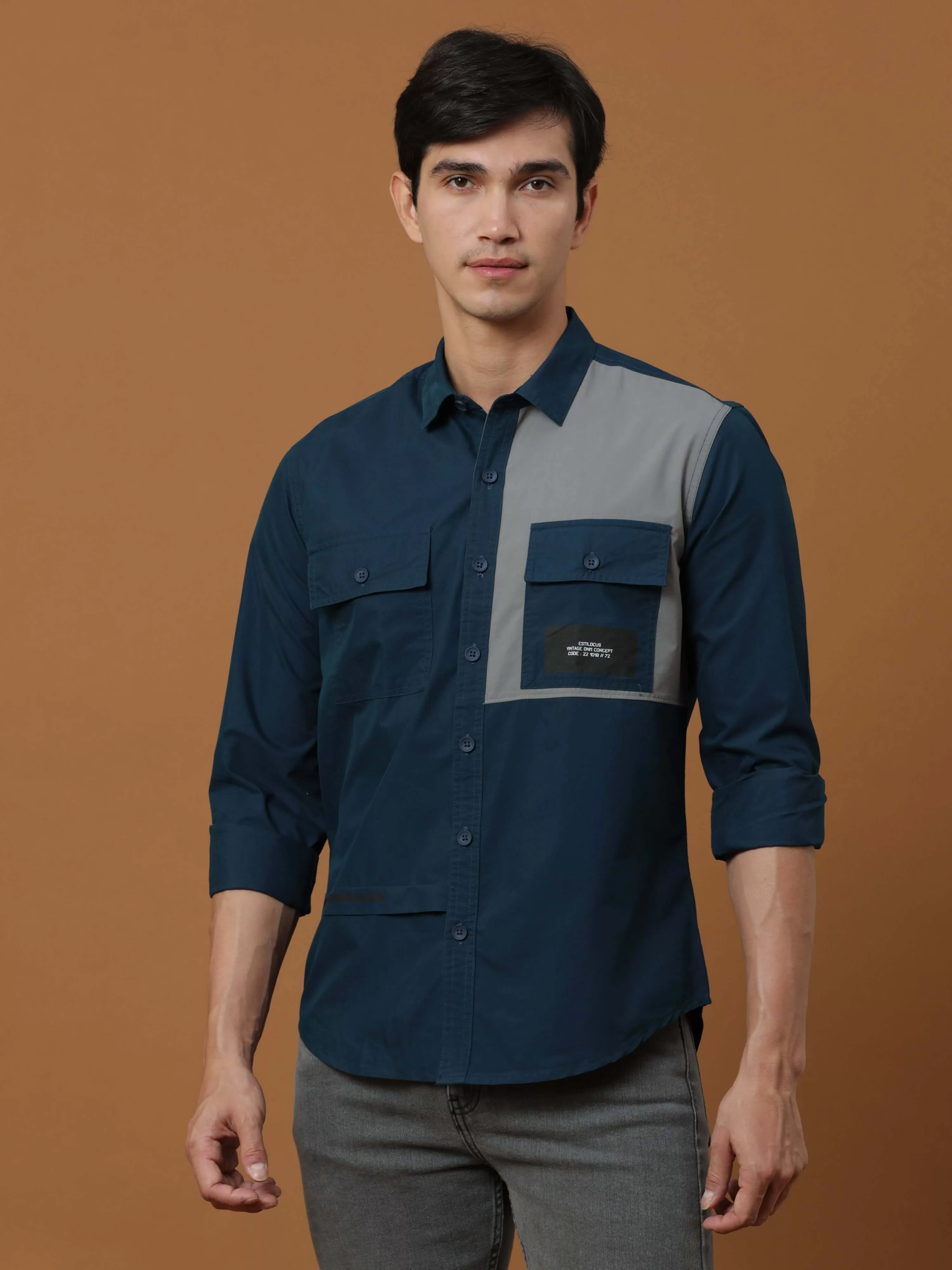 Teal Blue Contrast Patch Cargo Shirt